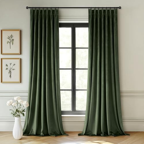 Velvet Curtains 96 inches Long, Pinch 40″W x 96″L (Pack of 2) Olive Green