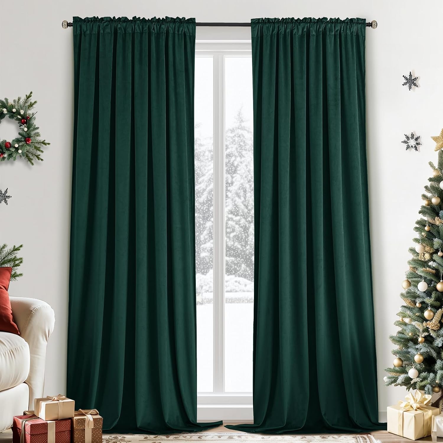 Dark Green Velvet Curtains 52″W x 96″L Yakamok Sunlight Elegant Interior