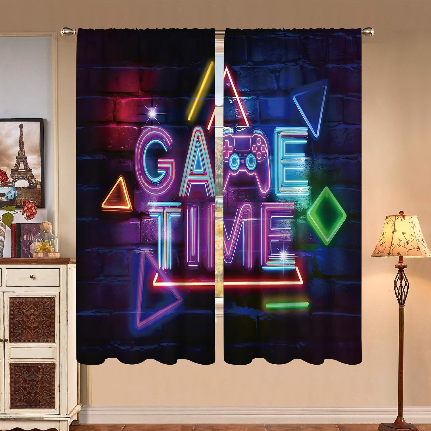 Neon Gaming Window Curtains, Teen Boys Cool Light-Filtering Drapes for Living Ro