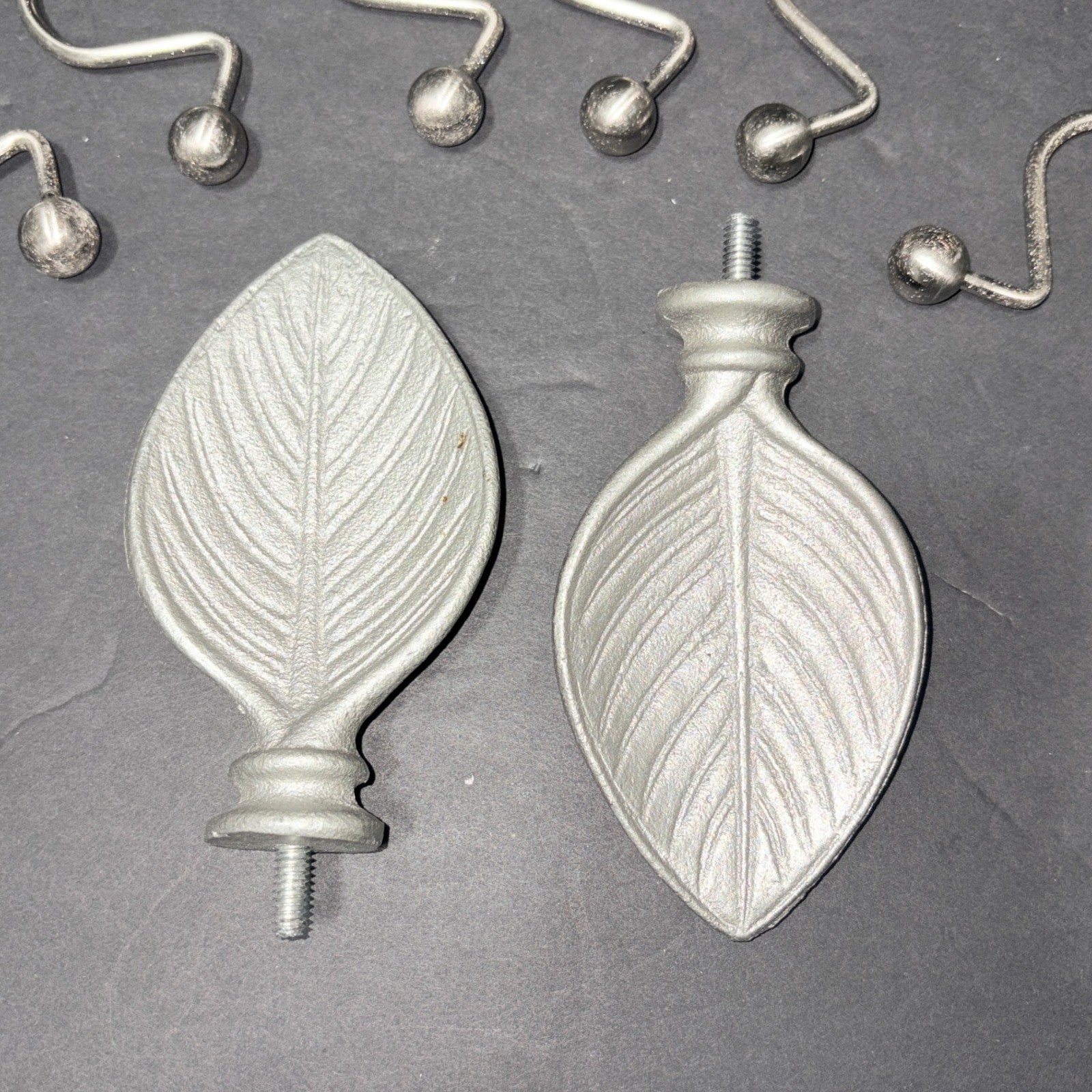 Silver Leaf Curtain Rod Finials and Ball End Shower Hooks Set 11 Piece Silver