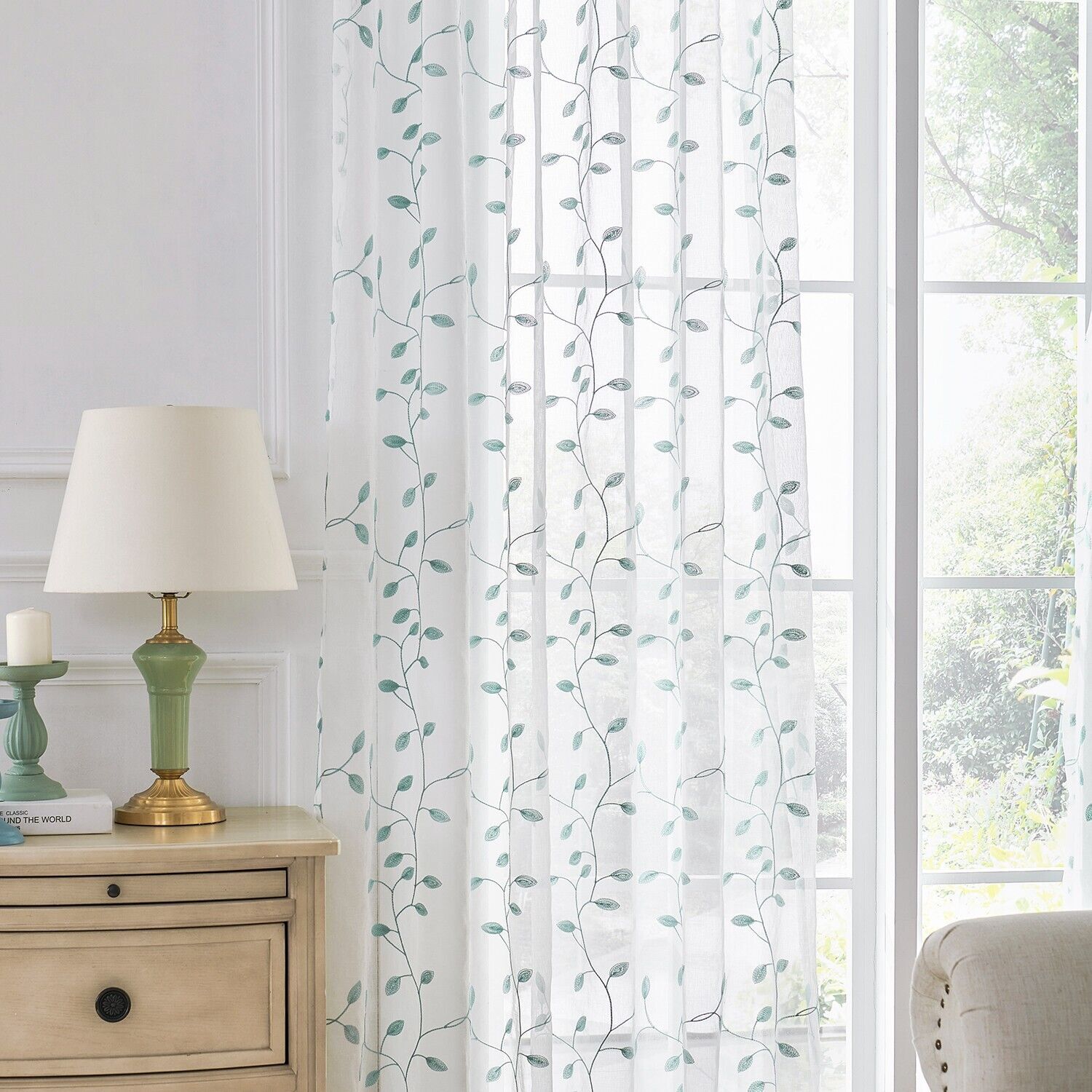 2 Panels Embroidered Leaves Semi Sheer Voile Window Curtains Drapes Living Room