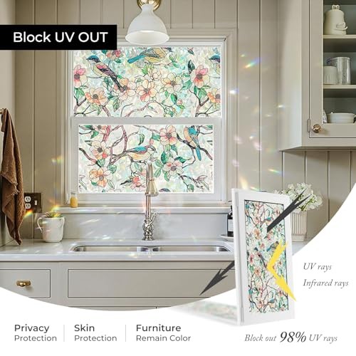 Window Privacy Film, Stained Glass 17.5″ x 78.7″ Blooms & Birds Paradise