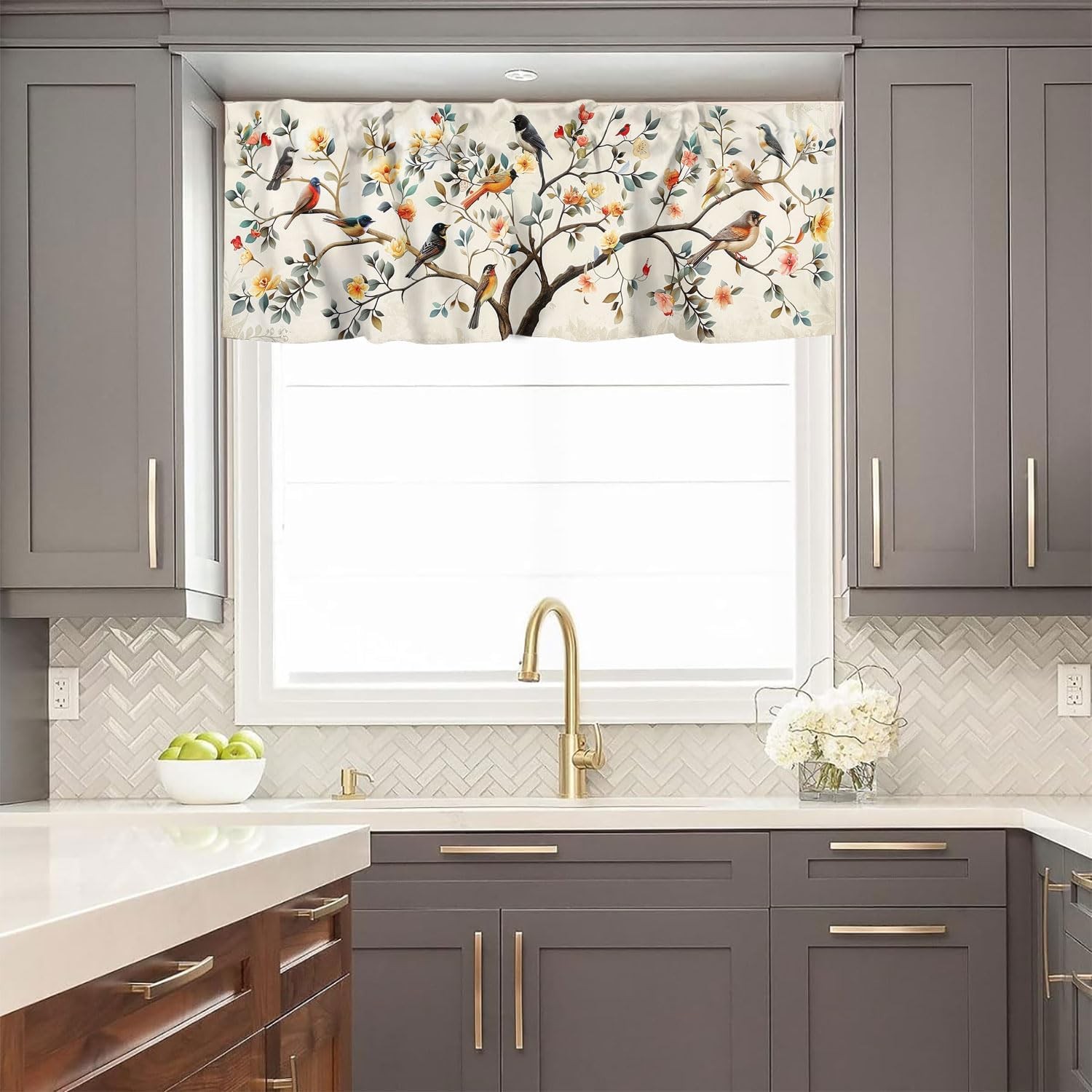 Bird Kitchen Curtain Valances Boho Tree Fallen Leaf Cartoon Beige Rod Pocket