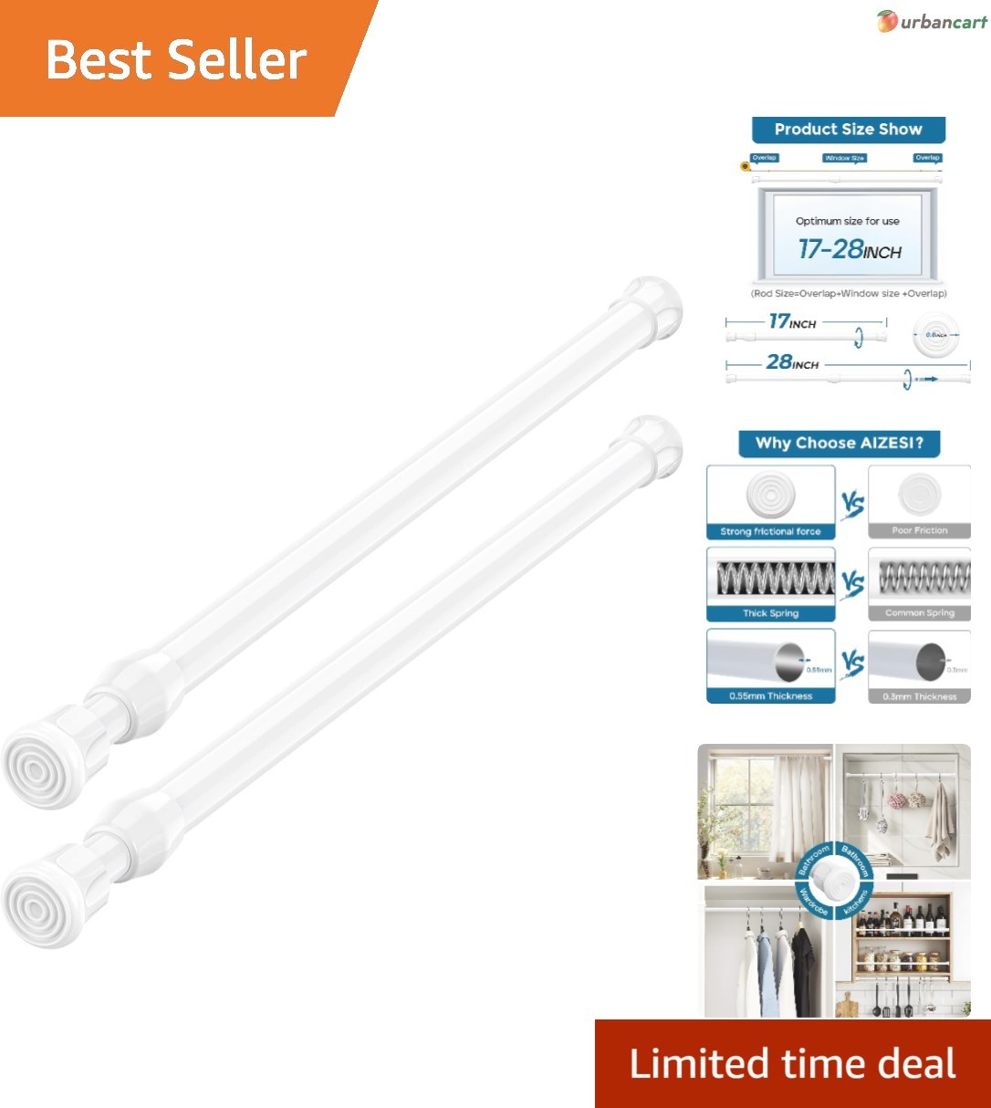 Adjustable White Spring Tension Curtain Rods – No Drill, Versatile 2-Pack