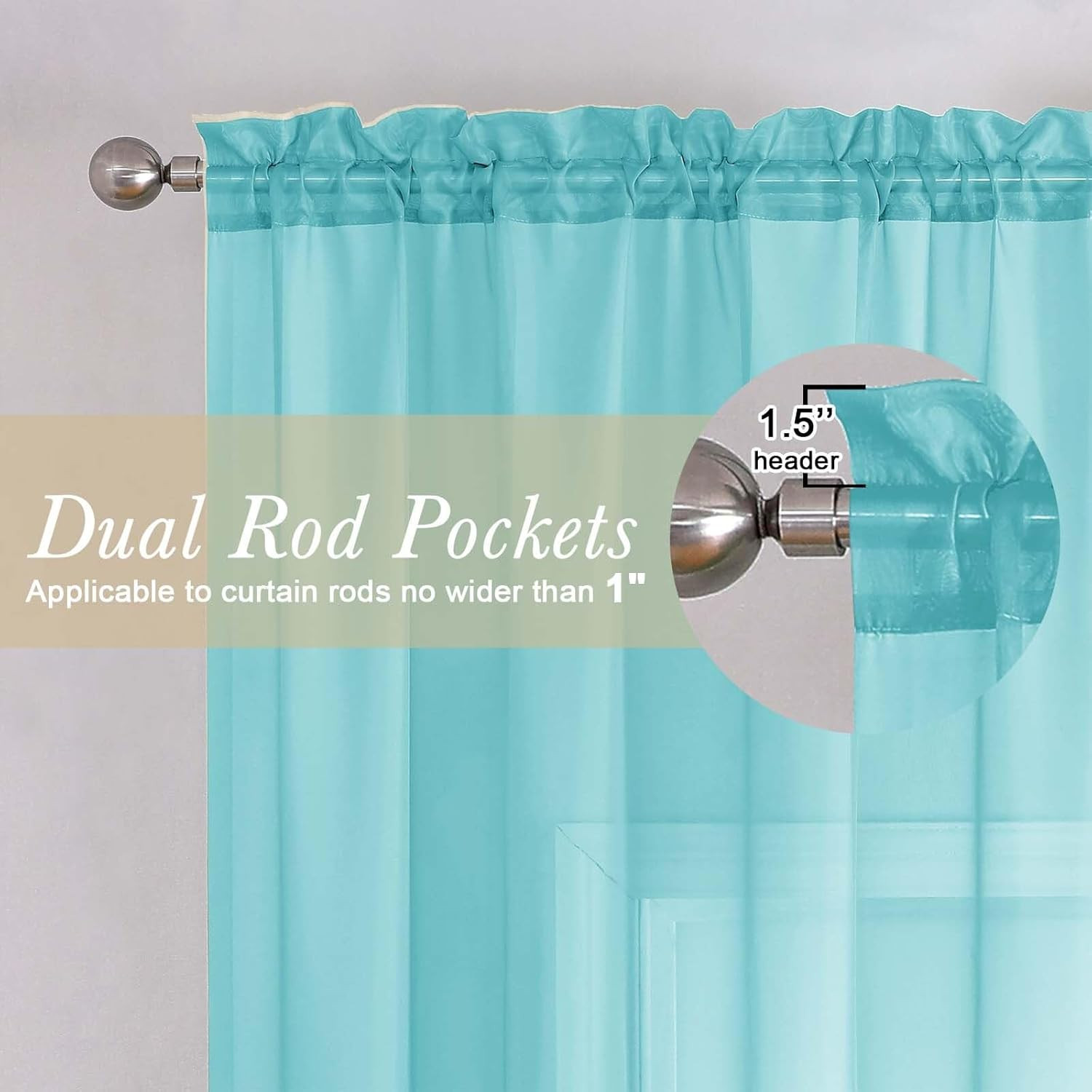 Aqua Sheer Curtains for Bedroom 54 Inch Length 2 Pcs, Rod Pockets Solid Color Wi
