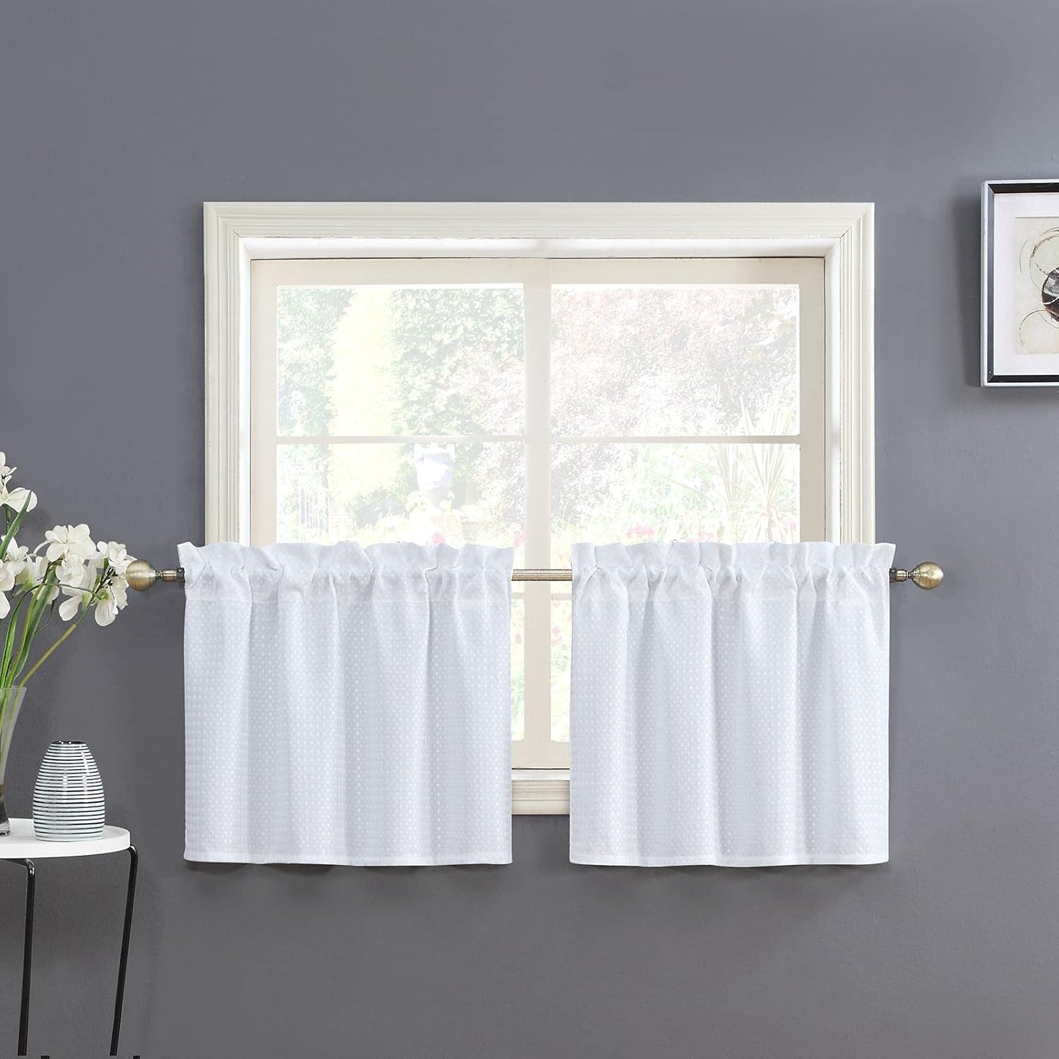 Home Queen White Water Resistant Bathroom Window Curtain, Dot Waffle Textured Ha