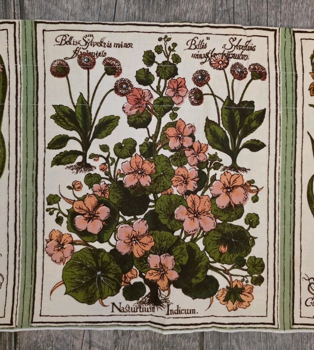Curtain Valance Vtg Botanical Plants And Flowers Green Multi 12.5″x166″ Cotton