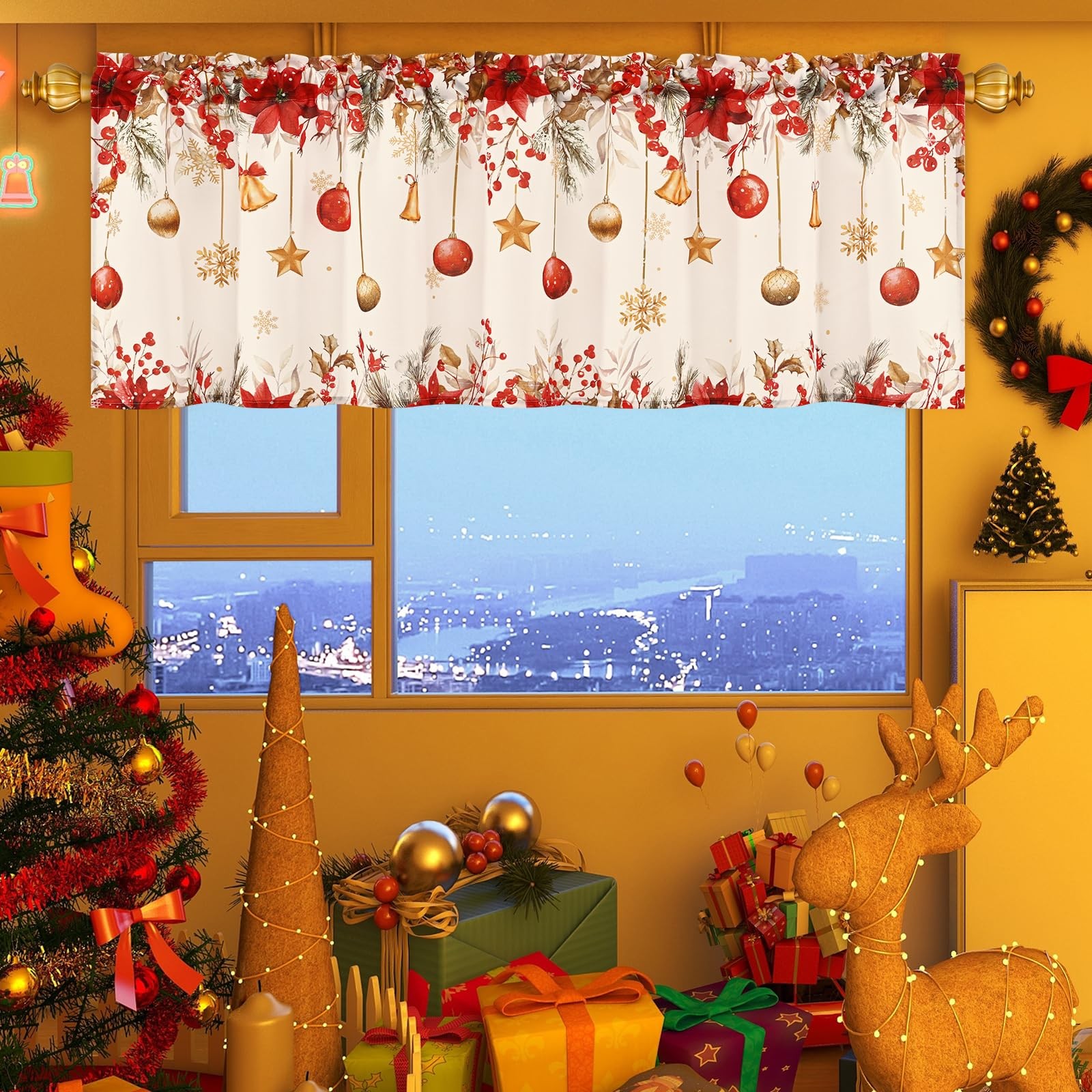 Christmas Valances for Windows, Snowflake Poinsettia Kitchen Valances for Win…