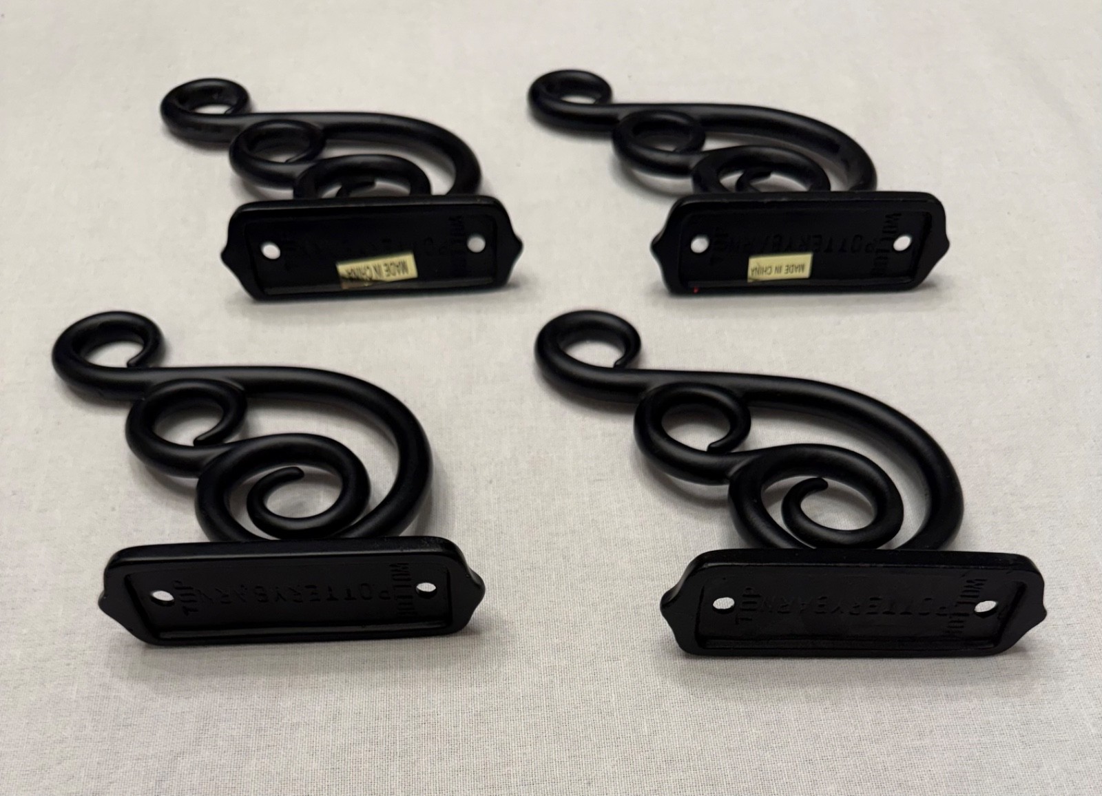 4 POTTERY BARN SWIRL SCROLL WALL BRACKETS OR CURTAIN ROD HOLDERS BLACK IRON