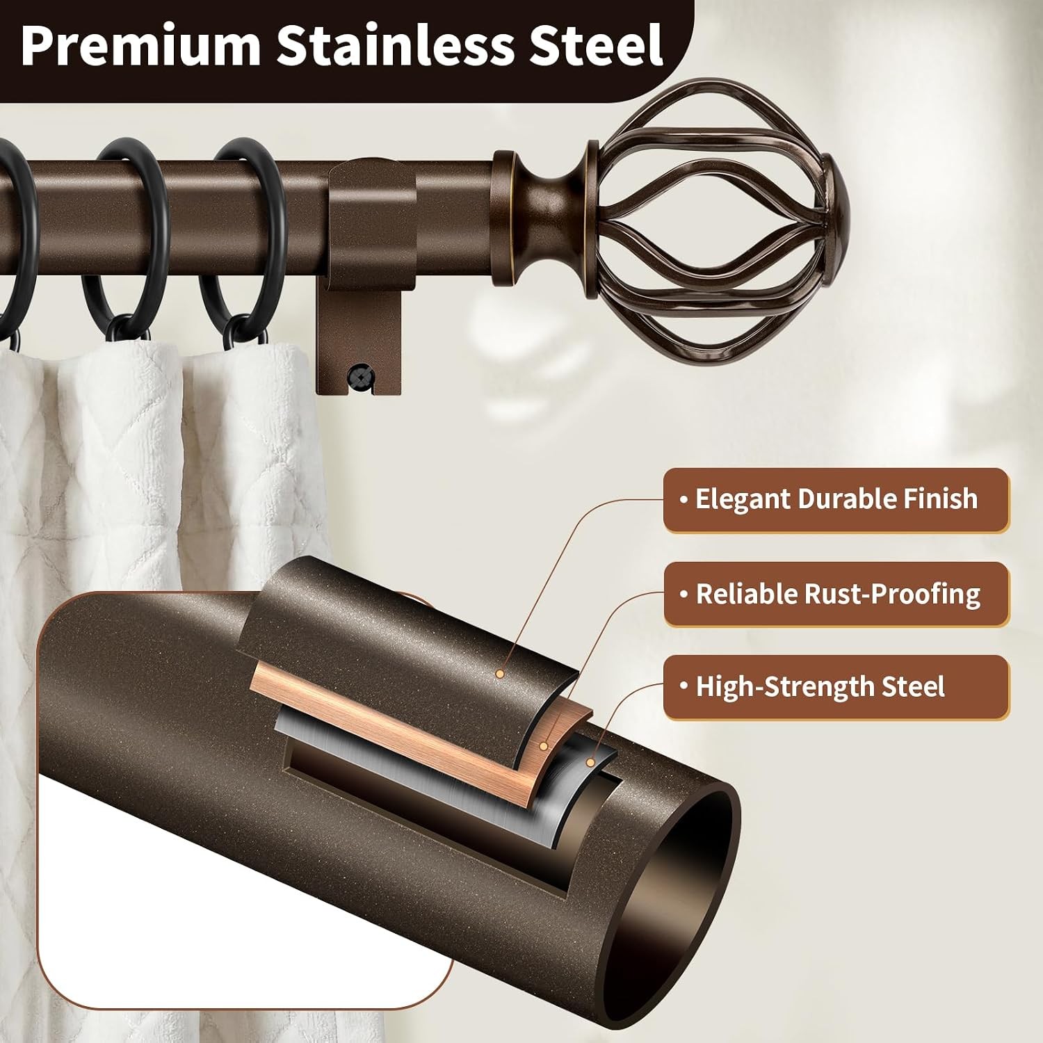 Adjustable Curtain Rod Heavy Duty Decorative Drapery Hardware Cage Finials