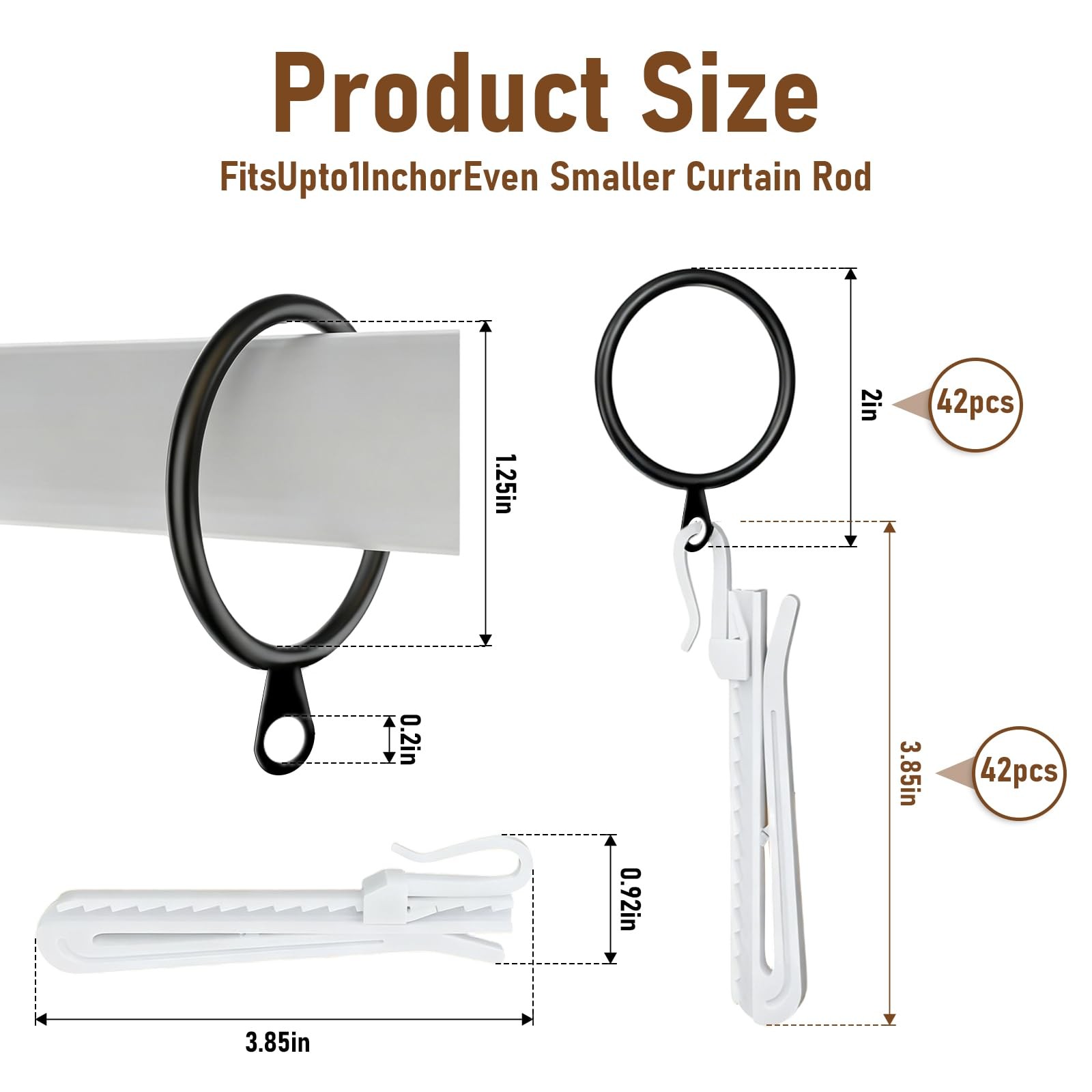 42 Pack Curtain Rings with Hooks, Drapery Ringss, Drapes Rings 1.25 in Interi…