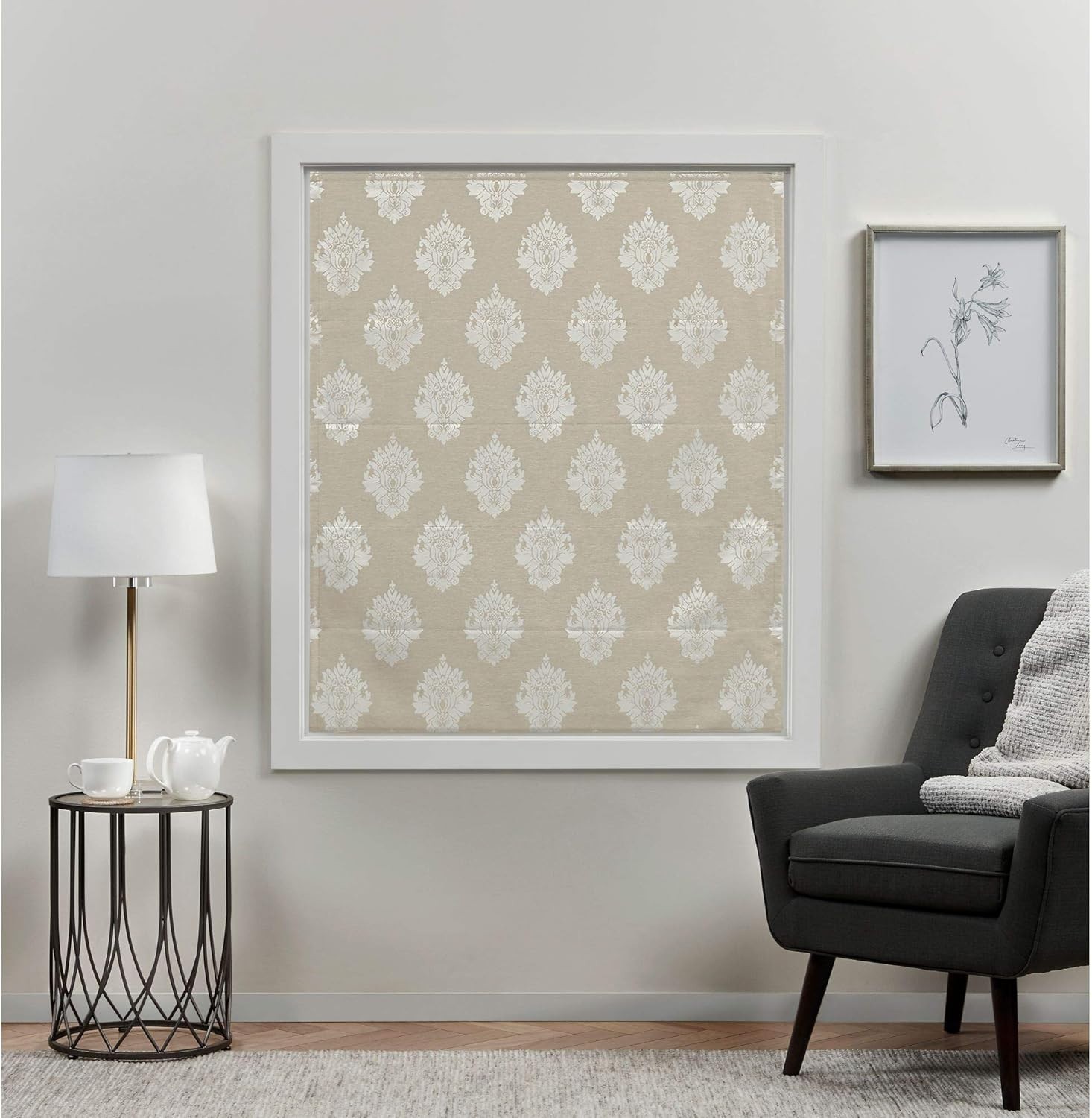 EXCLUSIVE HOME Marseilles Damask 100% Blackout Roman Shade 31″x64″ Natural