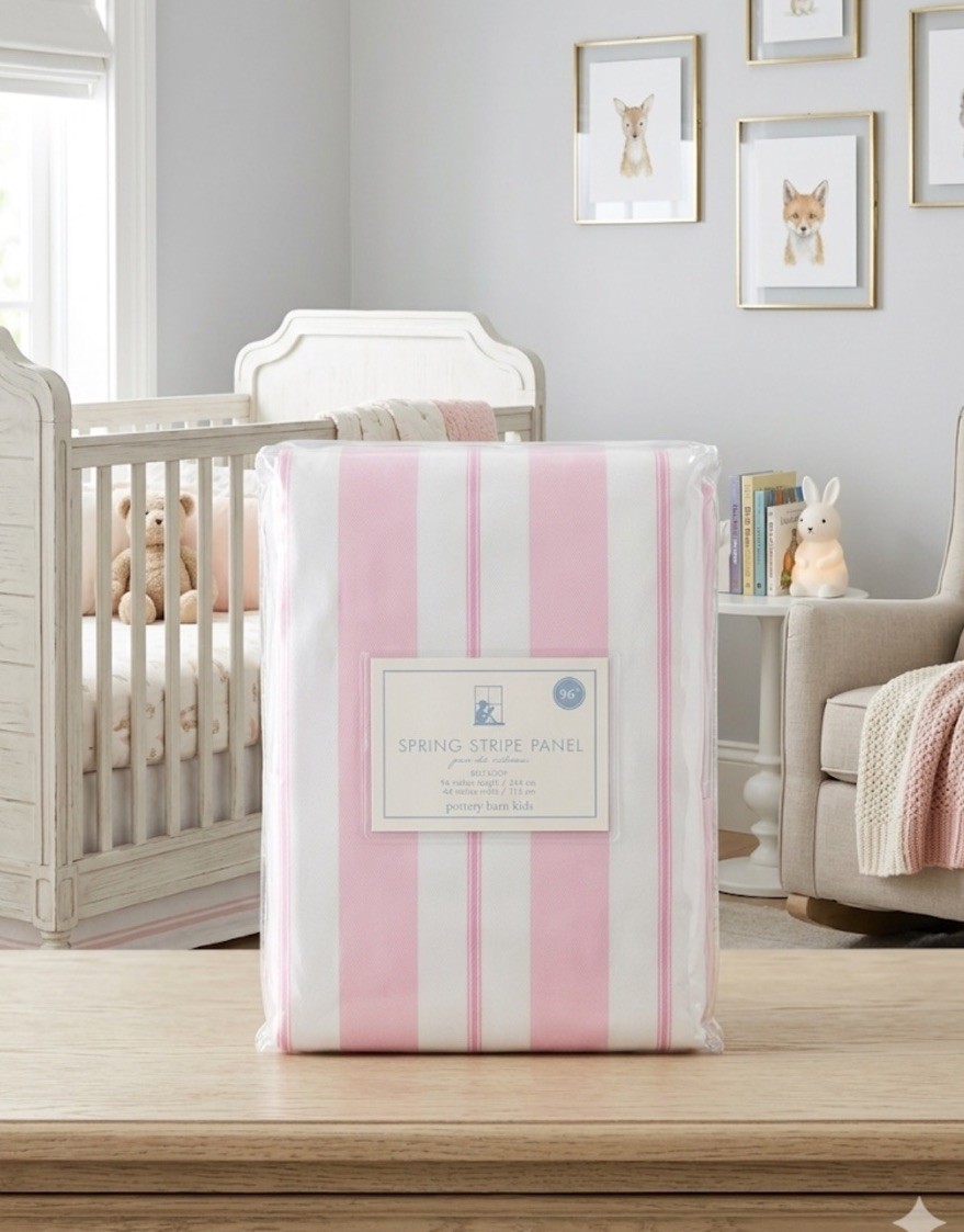 Pottery Barn Kids Spring Stripe Curtain Panel 96″/44” Pink White Belt Loop Rare
