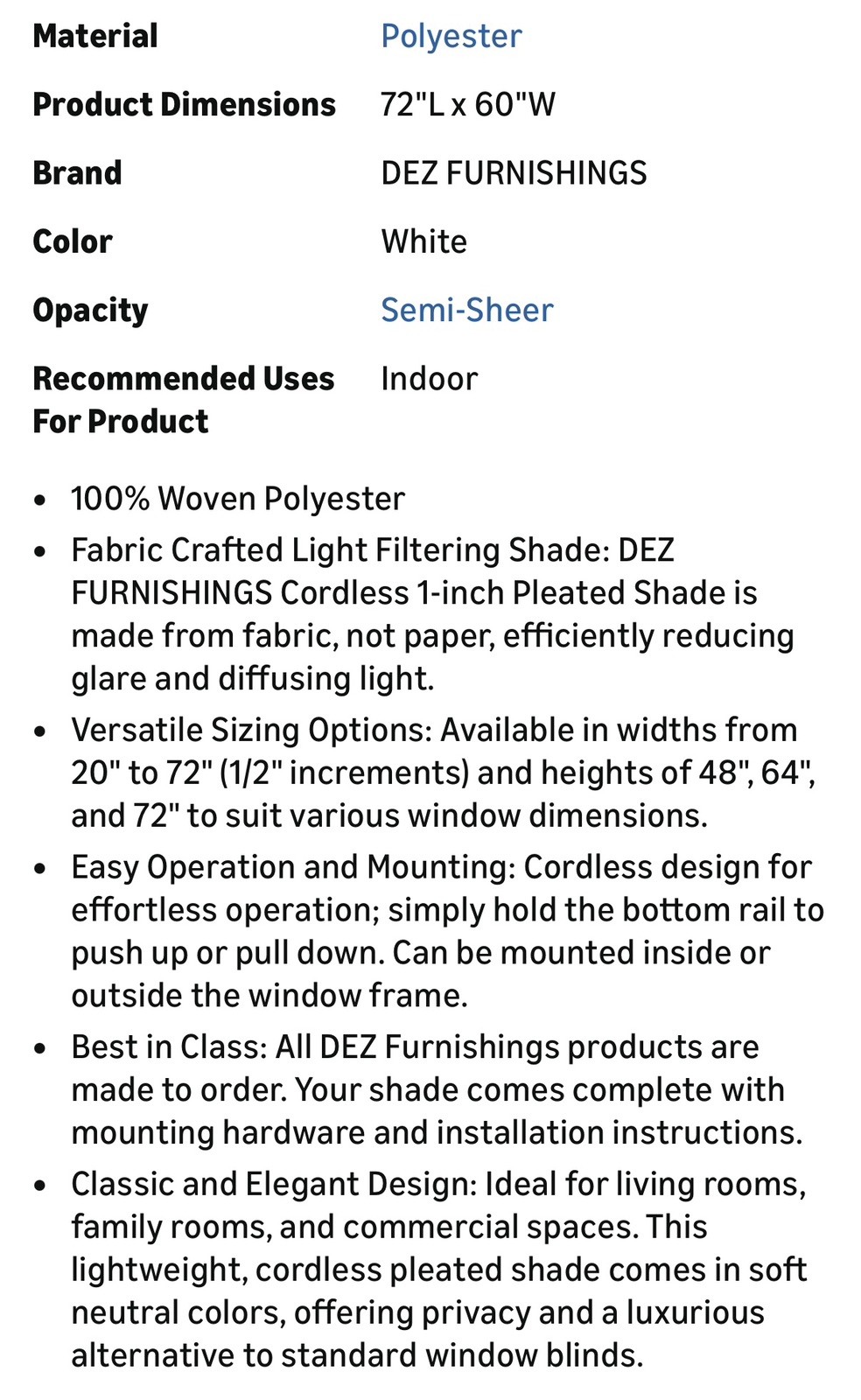 Cordless 1” Light Filtering Pleated Shades. 60”W x 72”H, White