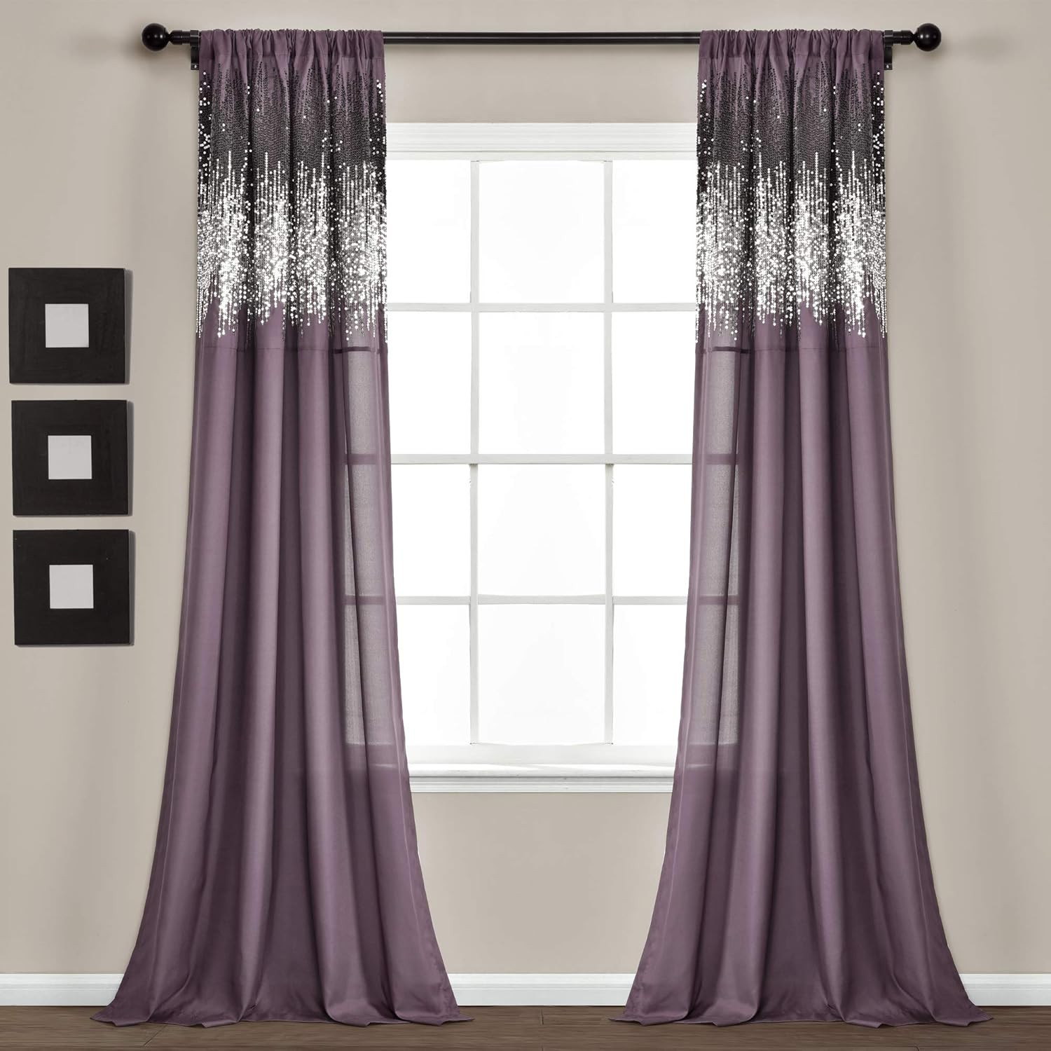 Glam Purple & Black Shimmer Sequin Window Curtains 42″ x 84″ Pair