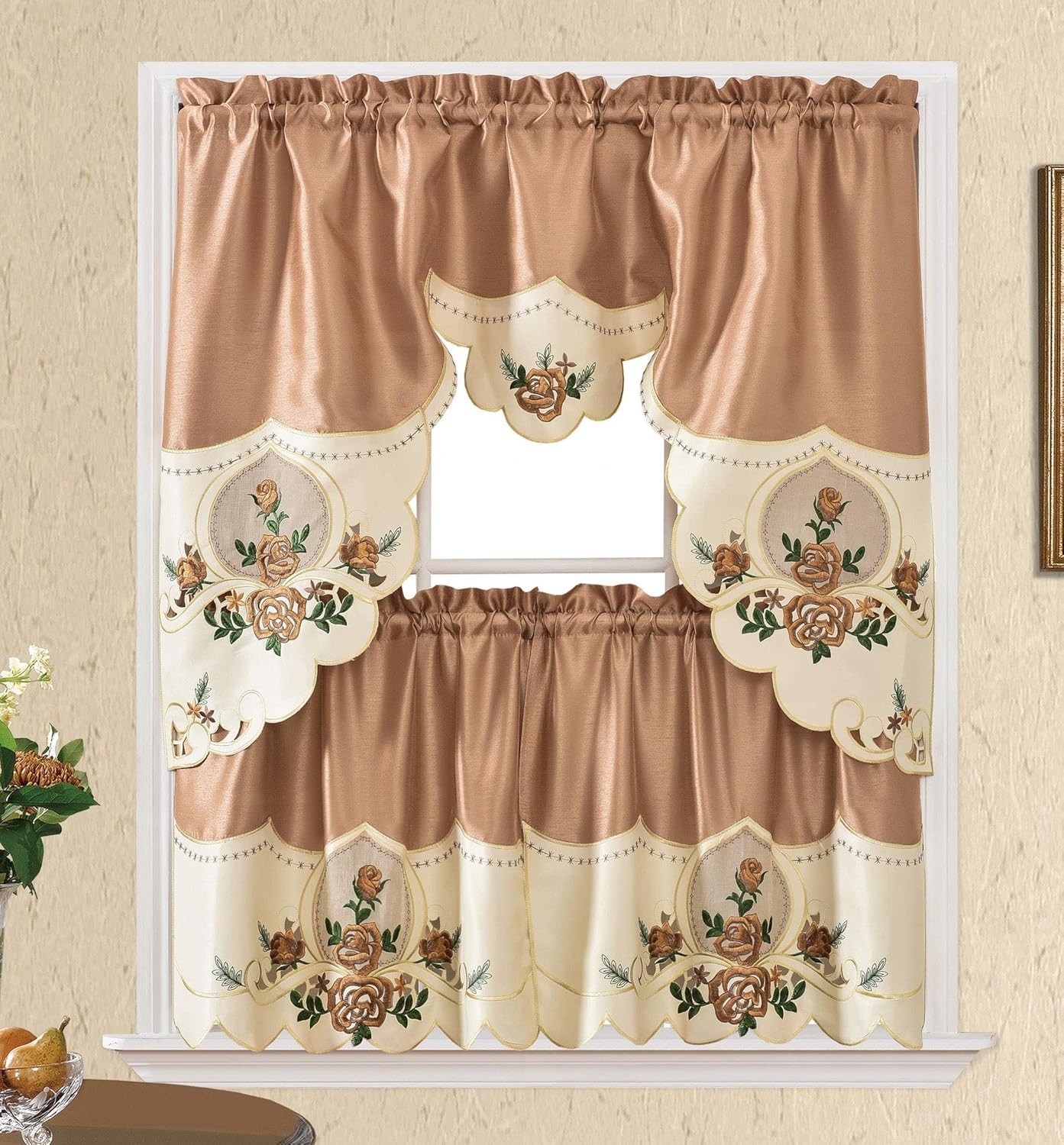 Rose Melody 3pc Kitchen Curtain Swag Valance & 24″ Tier Panels