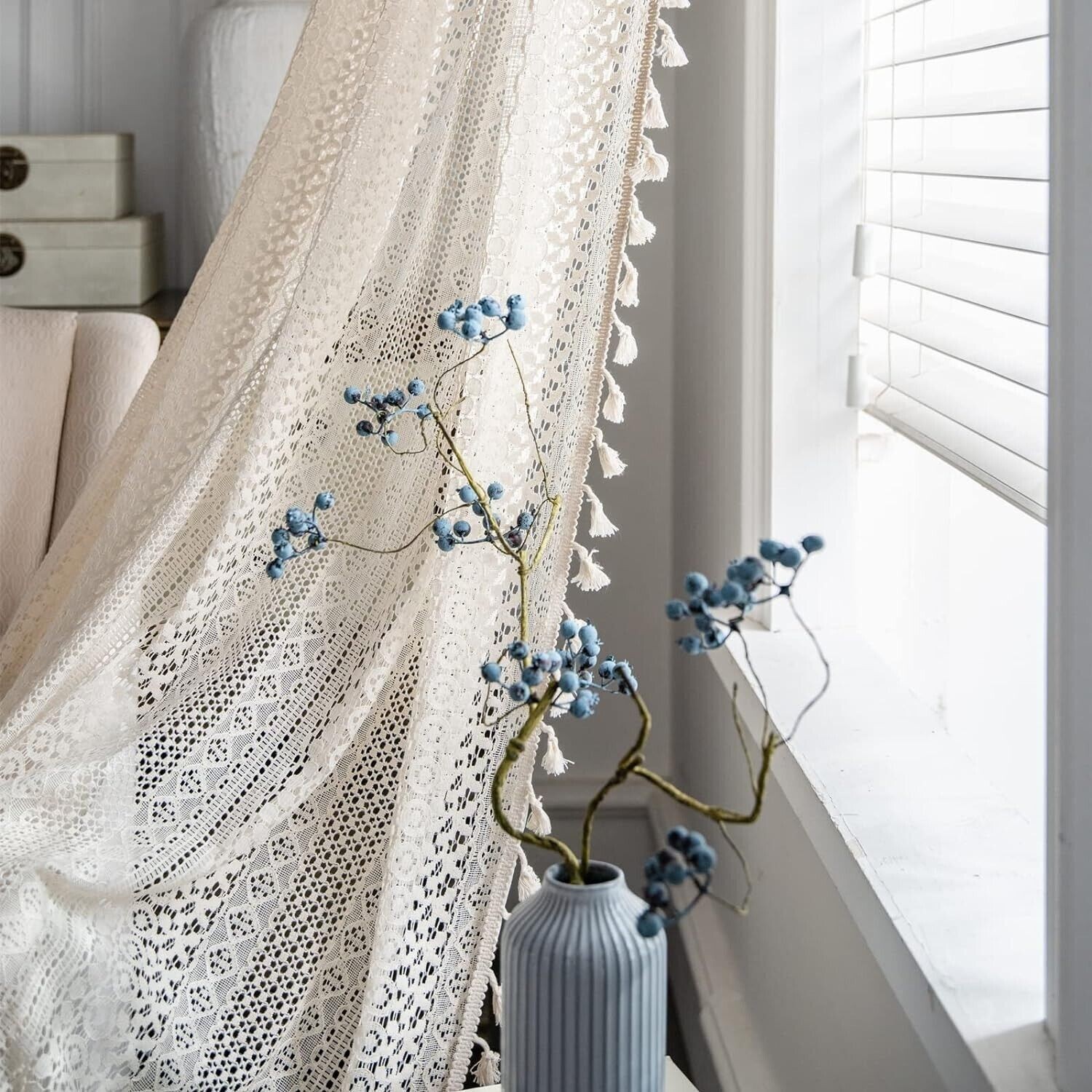 Rustic Crochet Lace Curtain Panels Window Drapes Bedroom Living Room Rod Pocket