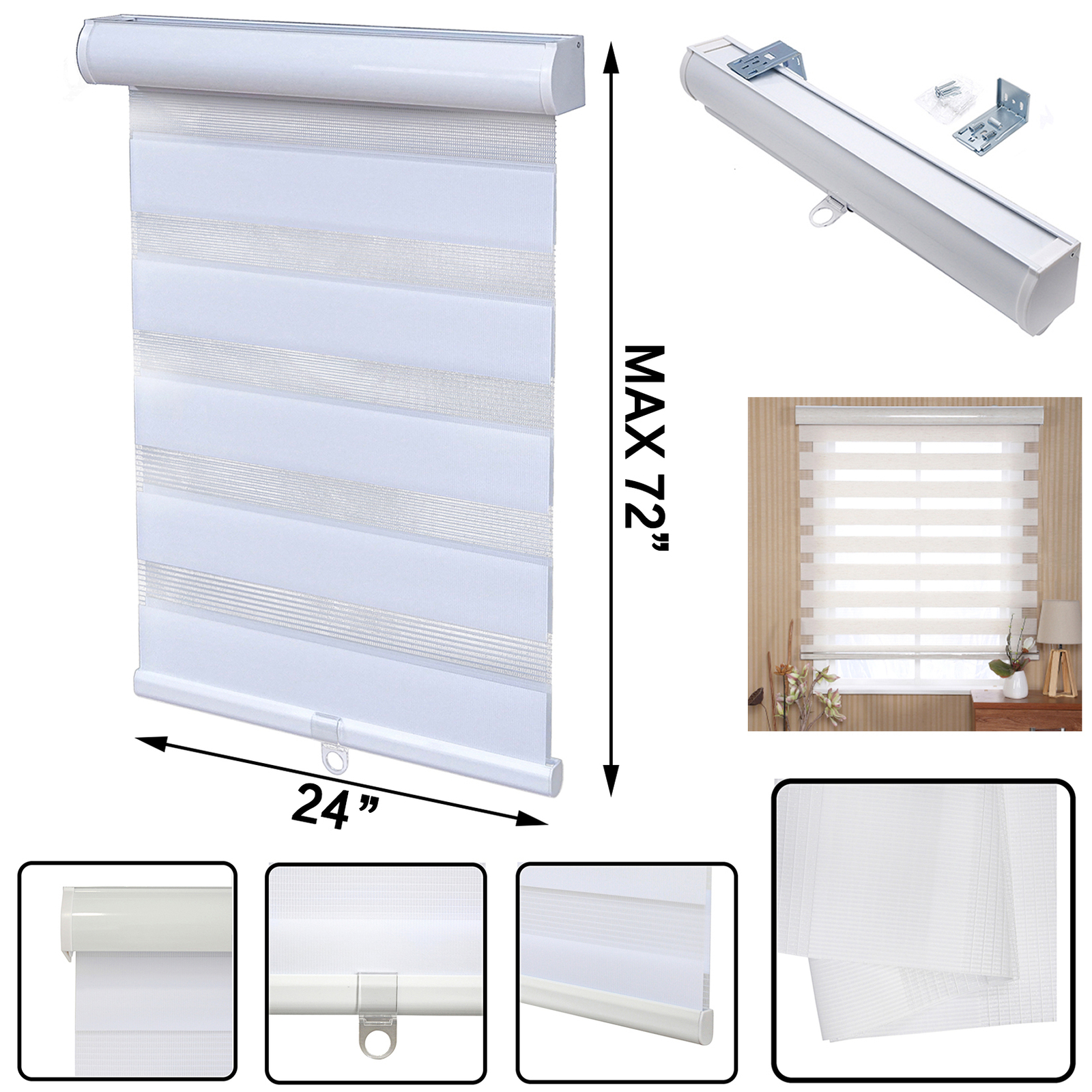 24″ x 72″ White Zebra Roller Blinds Cordless Dual Layer Shades Sheer or Privacy