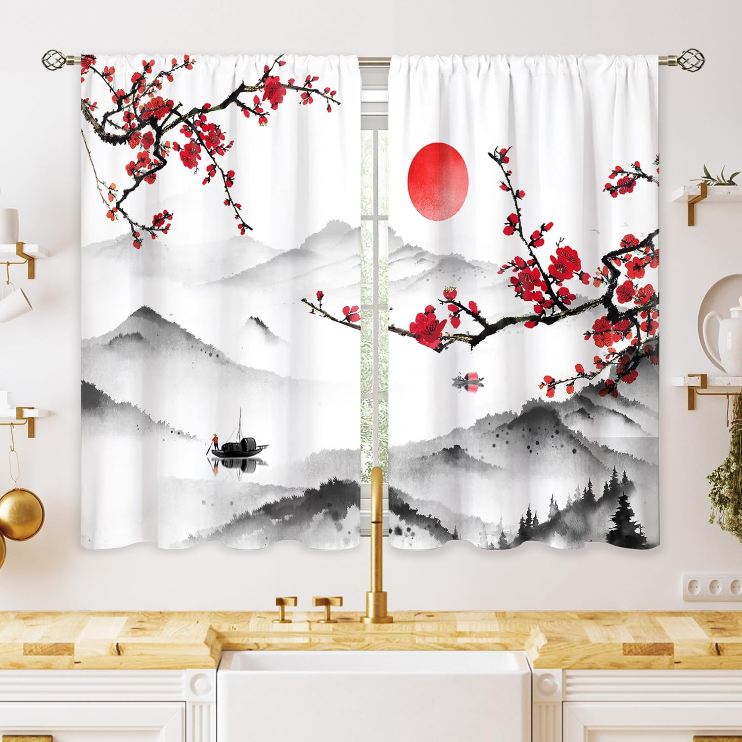 Japanese Cherry Blossom Small Kitchen Curtains Red Flower Window Treatment Sunse