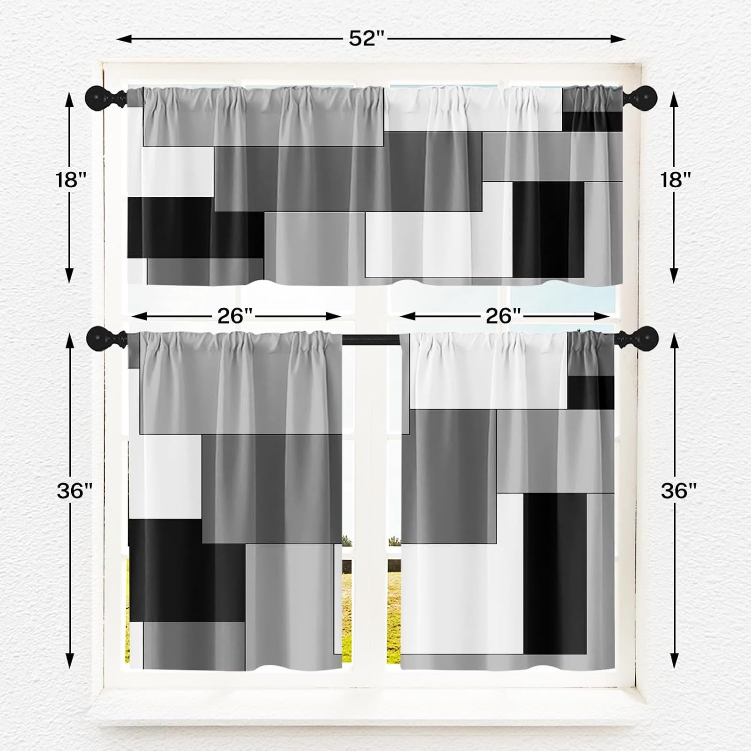 Black White Gray Kitchen Window Curtains Valance and Tier Set 36 Inch, Dark Grey