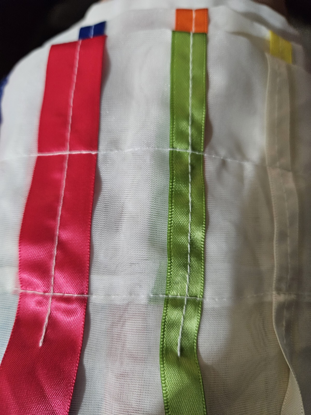 UNBRANDED, WHITE/MULTI-COLORED POLYESTER SATIN HANGING RIBBONS VALANCE 60″ WIDE