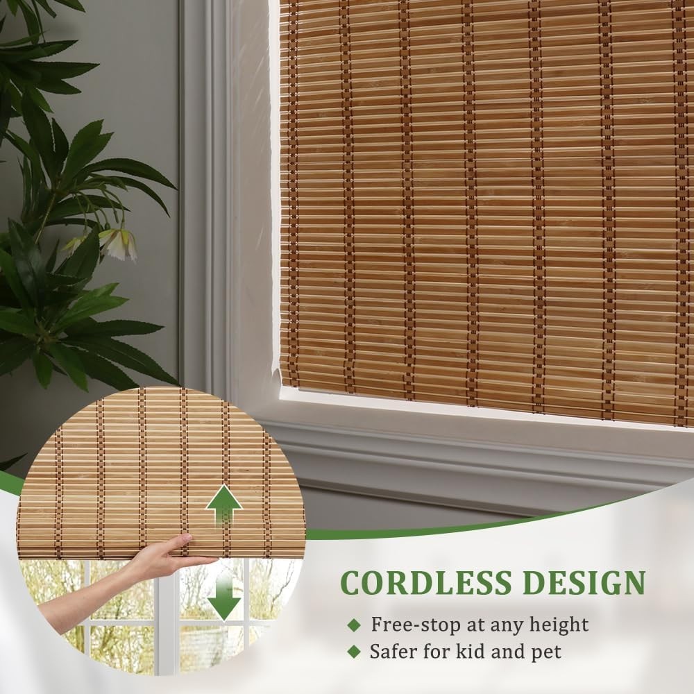 SEEYE Cordless Bamboo Blinds Light Filtering Roller Shades Natural 24″ W x 64″H