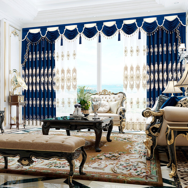 Elegant Royal court embroidery velvet blue cloth valance curtain drape C1922