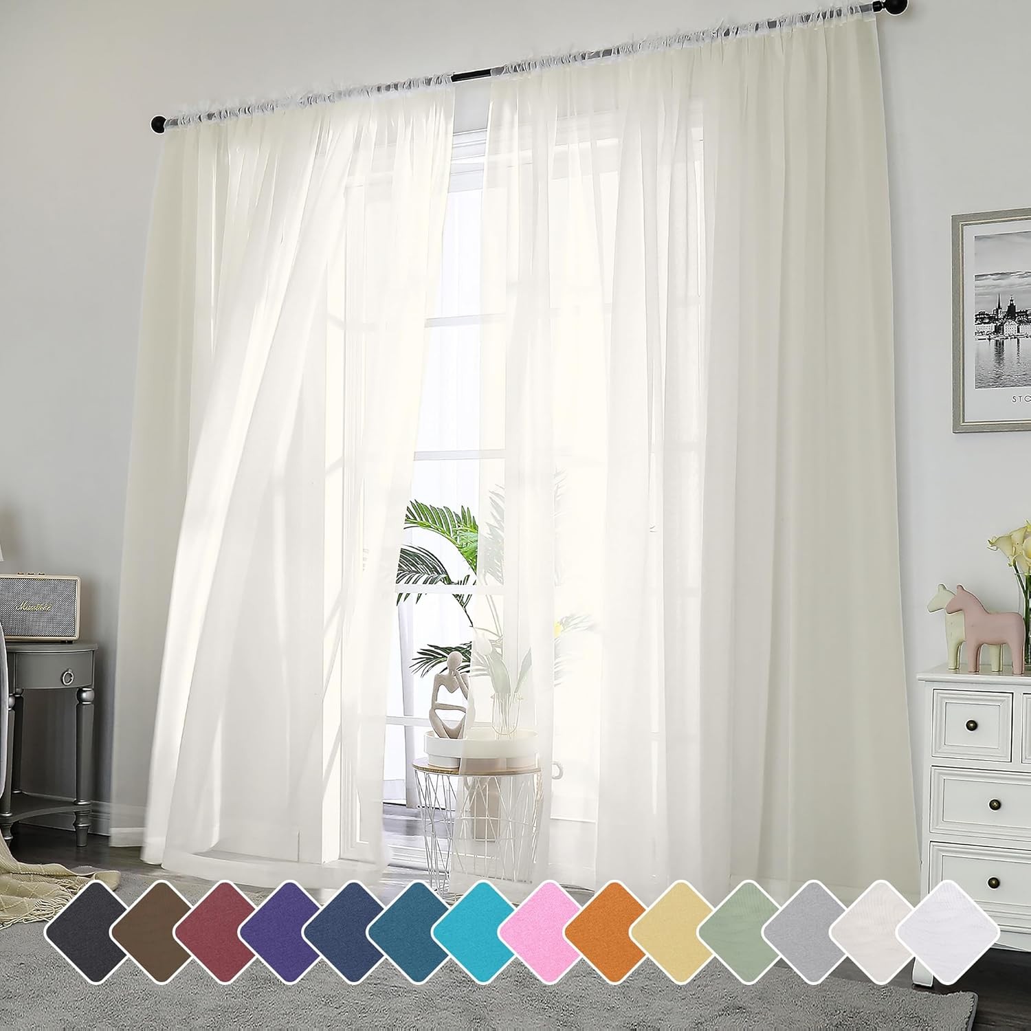 Ivory Sheer Curtains 96 Inch Length 2 Panels Set, Elegant Light Filtering Voile