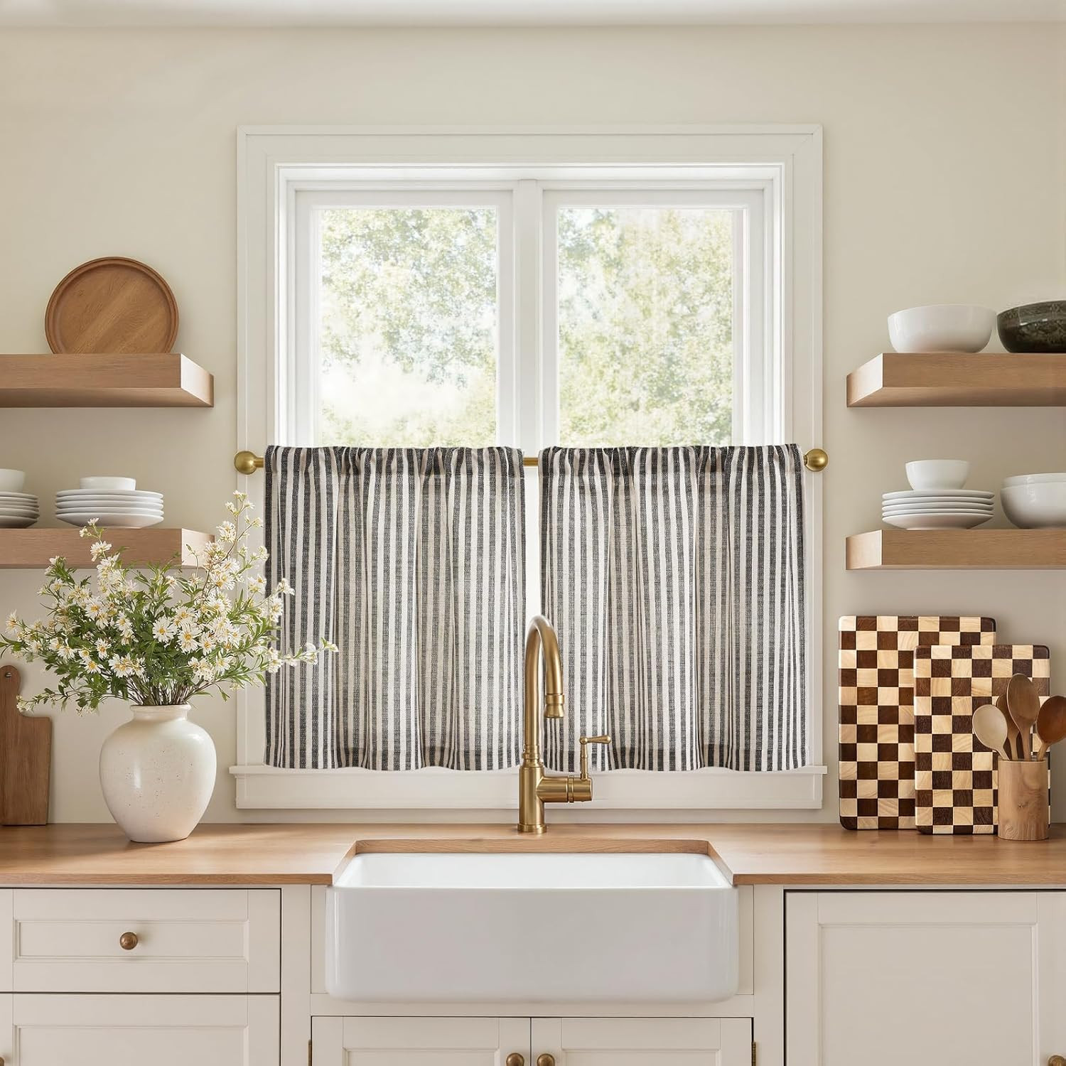Striped Linen Kitchen Tier Curtains, 20 Inch, Jet Black, 2 Panels | Light-Filter