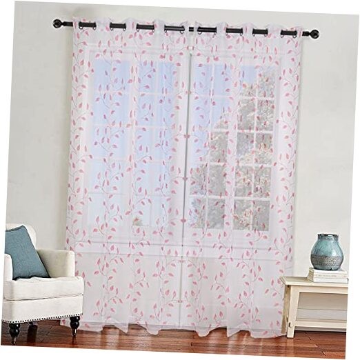 Pom Pom Sheer Curtains 95 Inches Long, 54″W x 84″L (Pack of 2) Pink Leaves