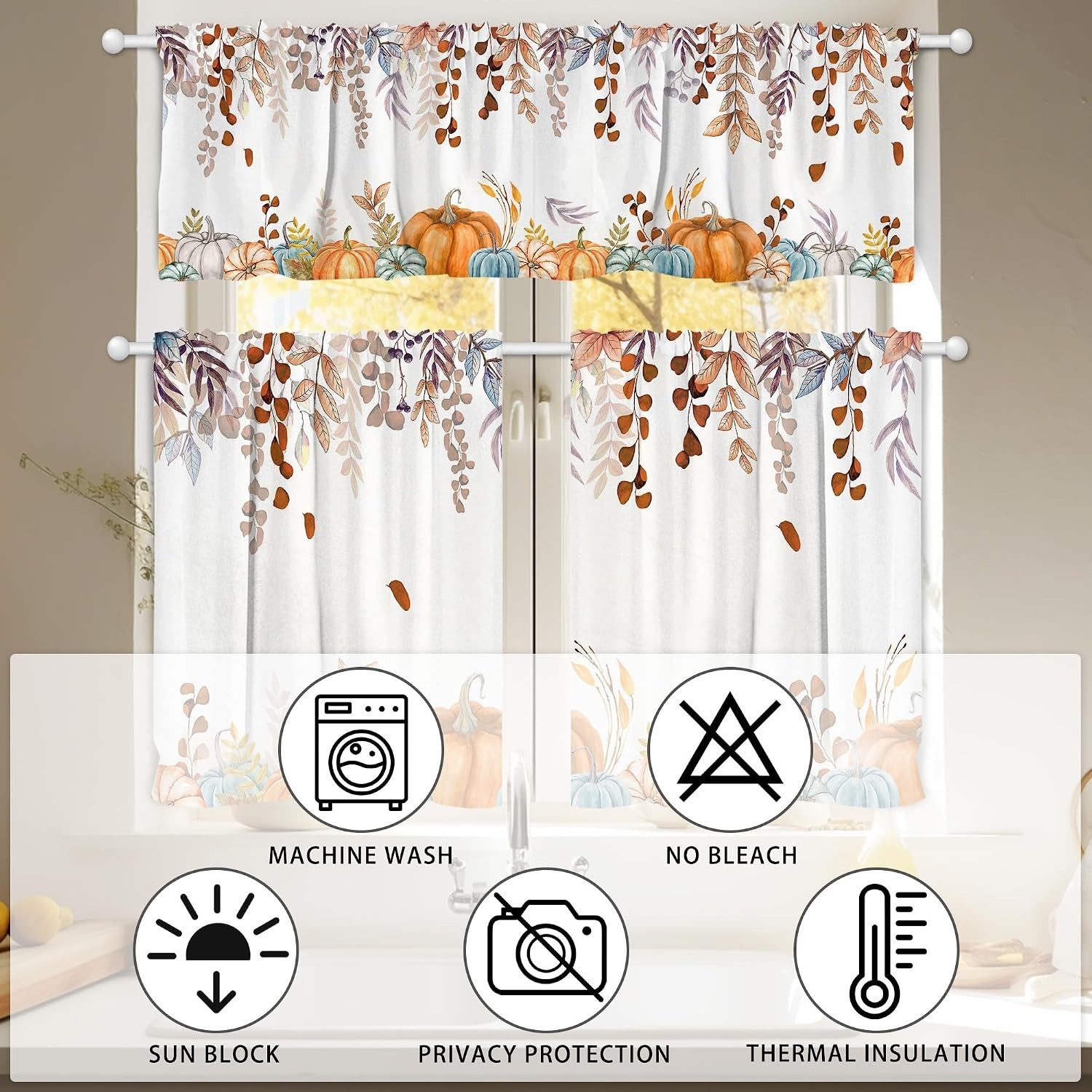 Elegant Light Filtering Fall Curtains – Set of 3 for Kitchen & Living Room