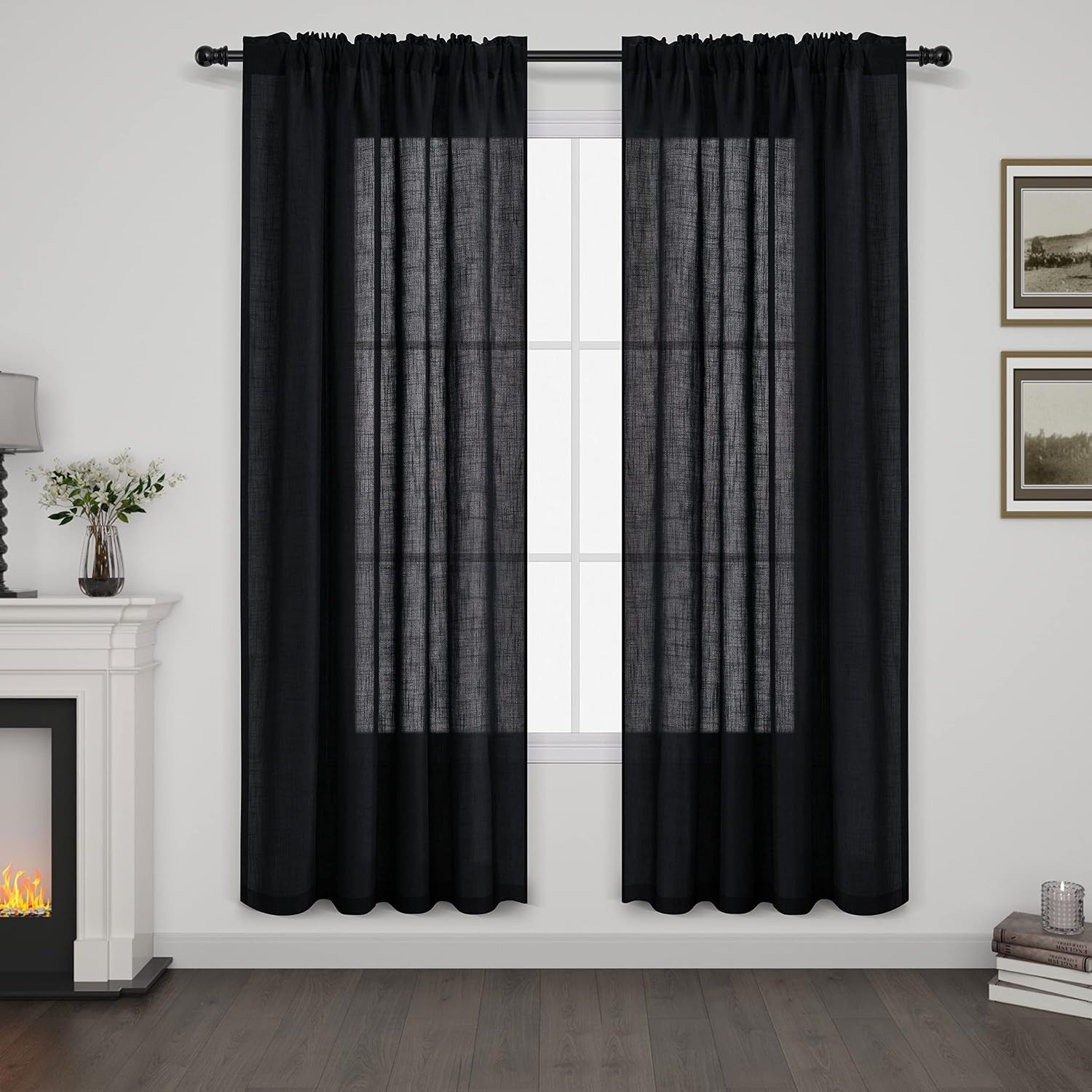 Black Linen Curtains 72 Inch Length for Living Room Bedroom 2 Panels Set Rod Poc