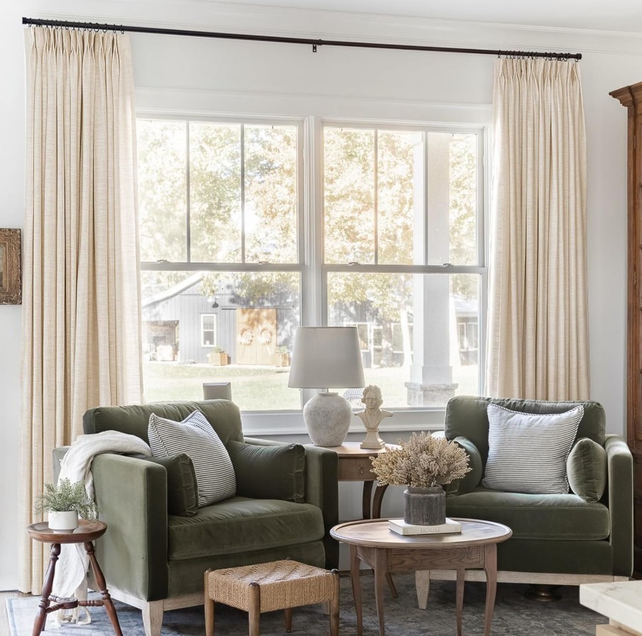 Sand Beige Pinch Pleat Curtains 52×108” Light Filtering Linen Drapes, 2 Panels