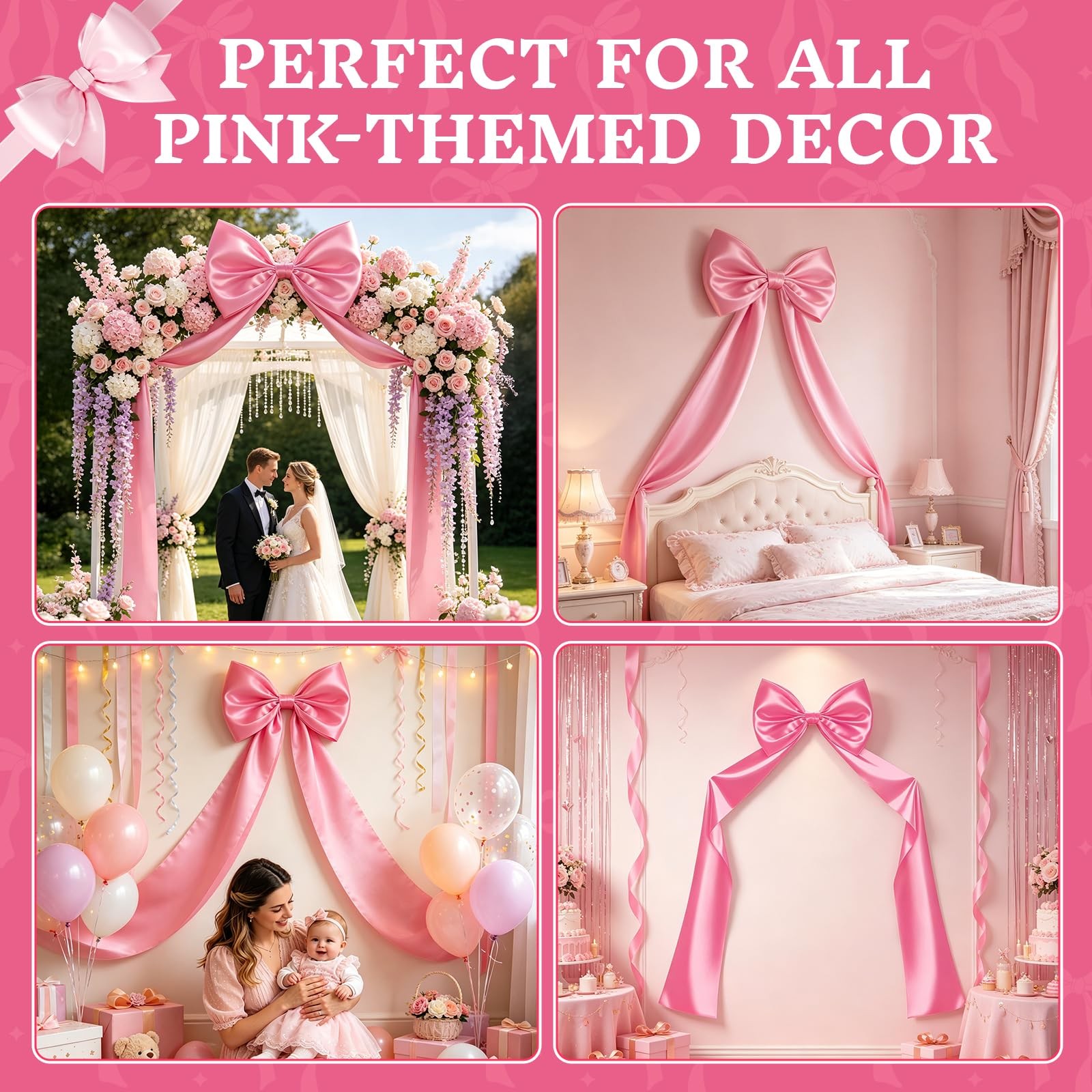 Large Pink Bow Decorations 24 x 87 Inch Giant Pink Bows with Rope and Double-…