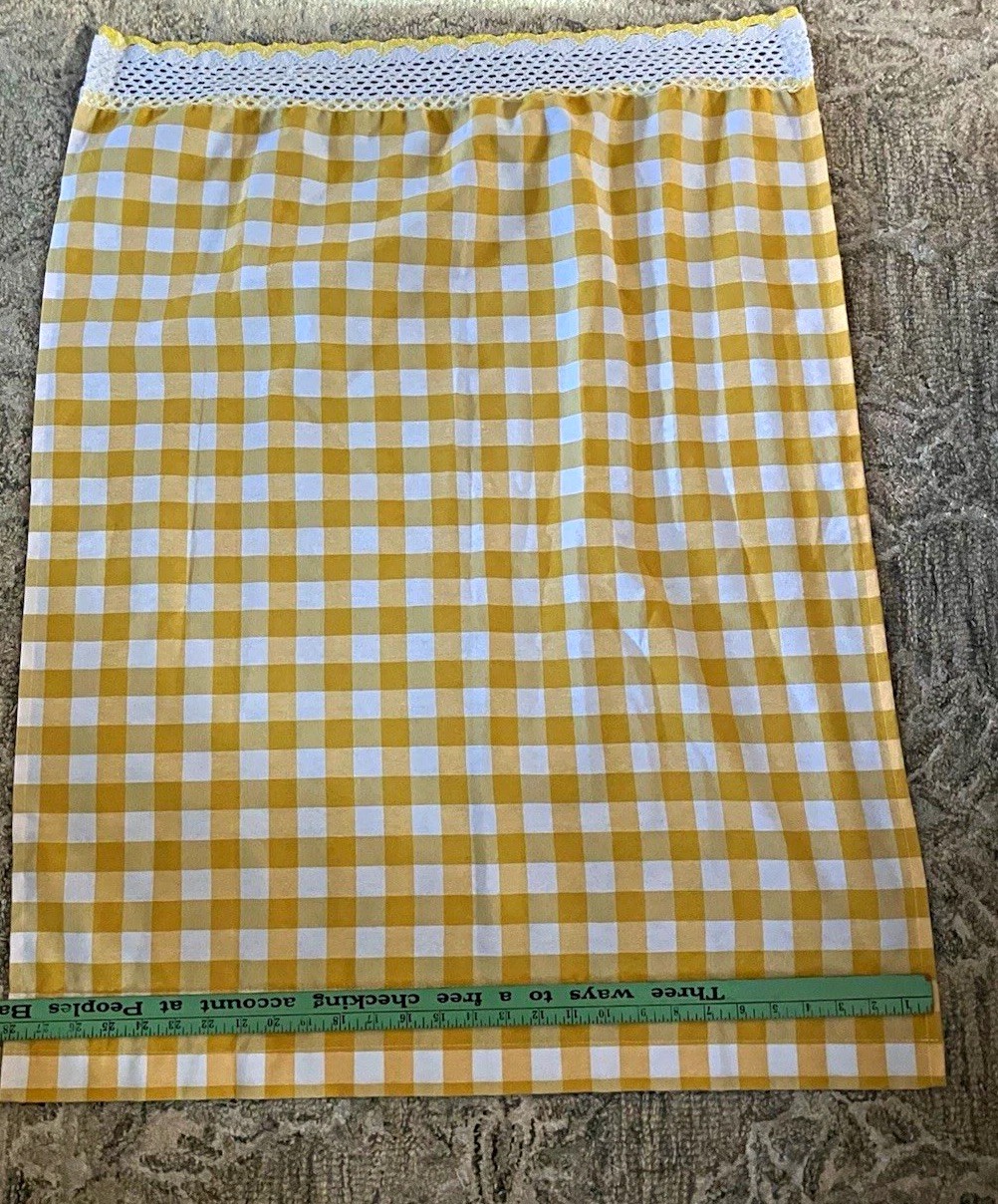 2 Vtg. Yellow & White Gingham cafe curtain panels w/crochet trim 28in x 36in