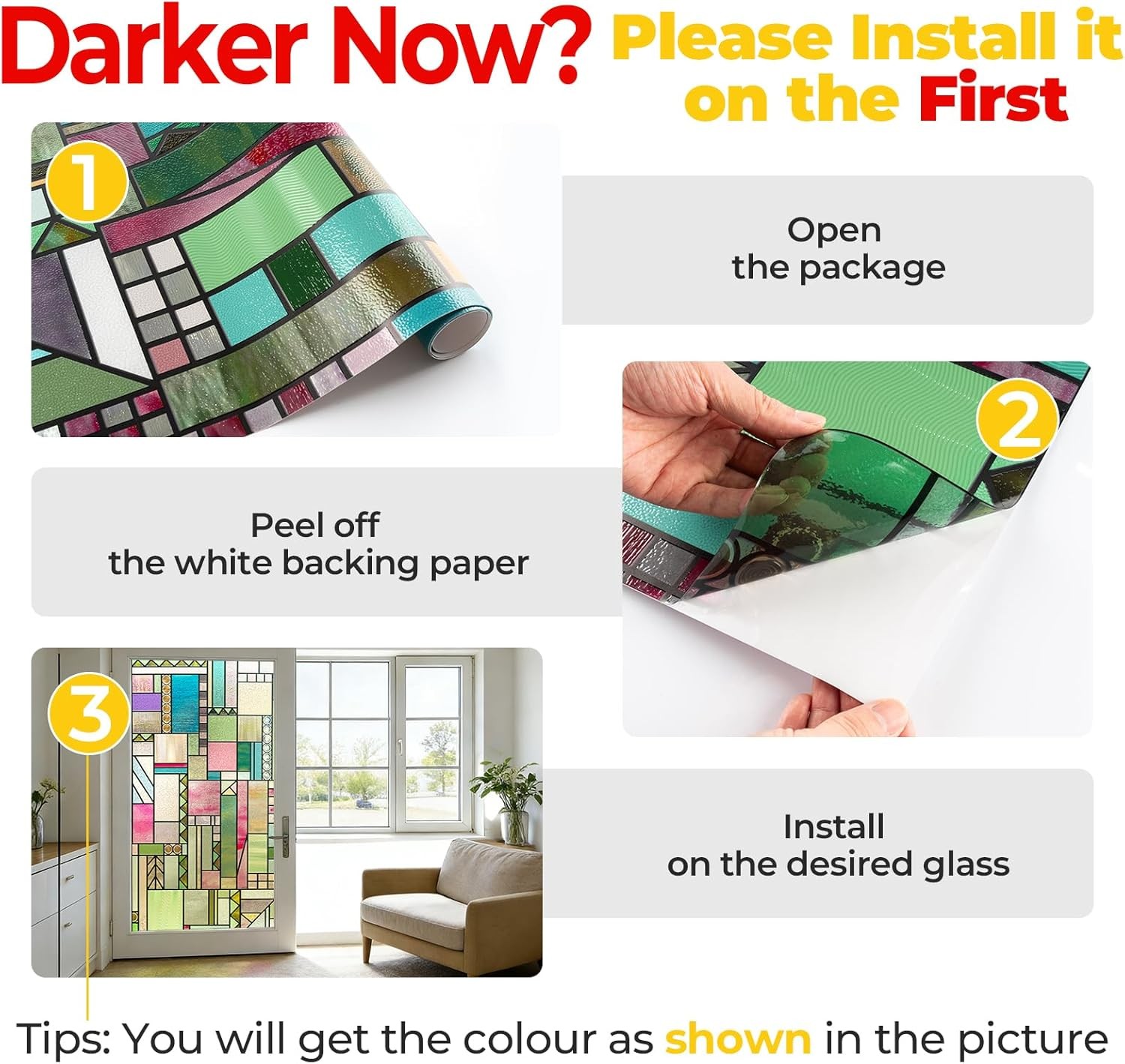 3D Stained Glass Window Privacy Film, Heat Control UV Blocking Static Cling Deco