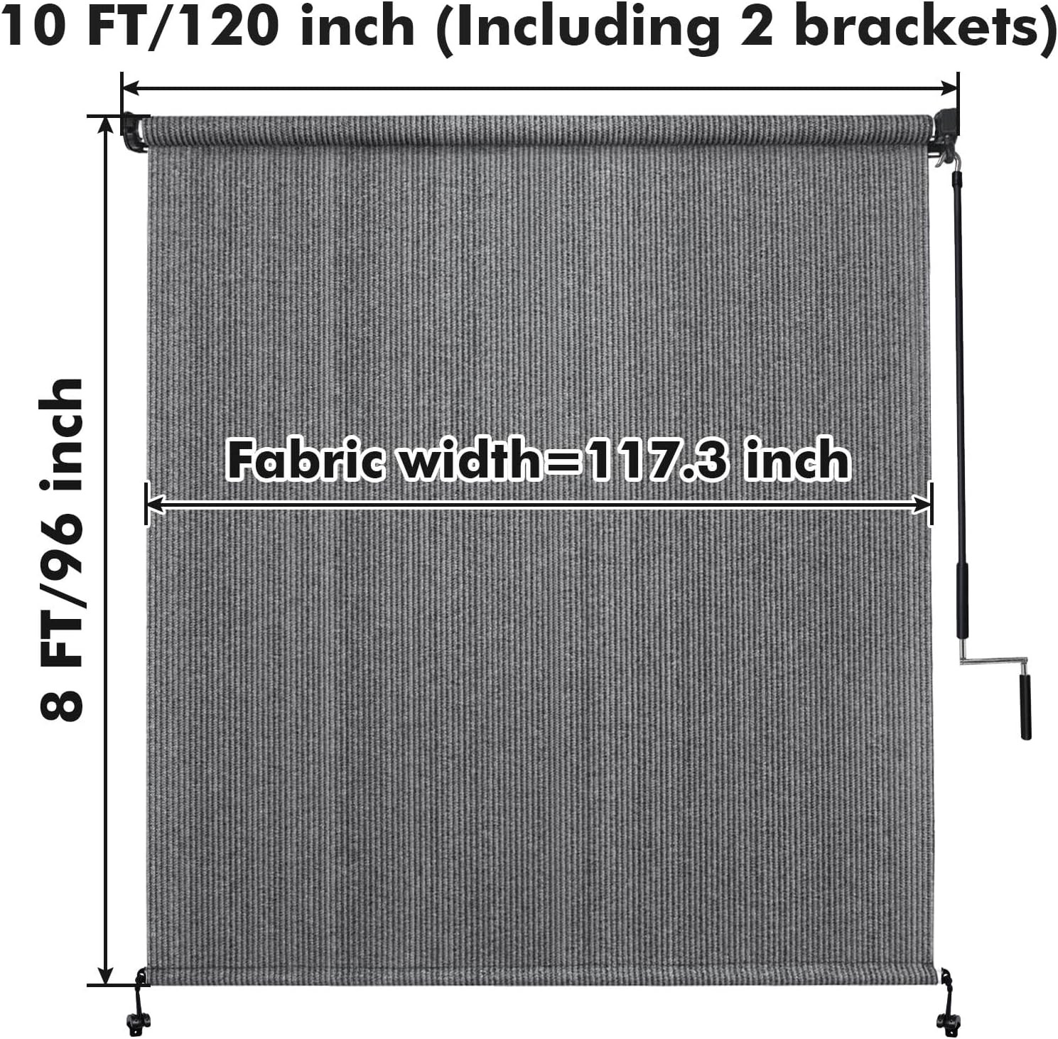 Cordless Outdoor Roller Shades, 10′ W x 8′ H, Grey for Patio & Balcony