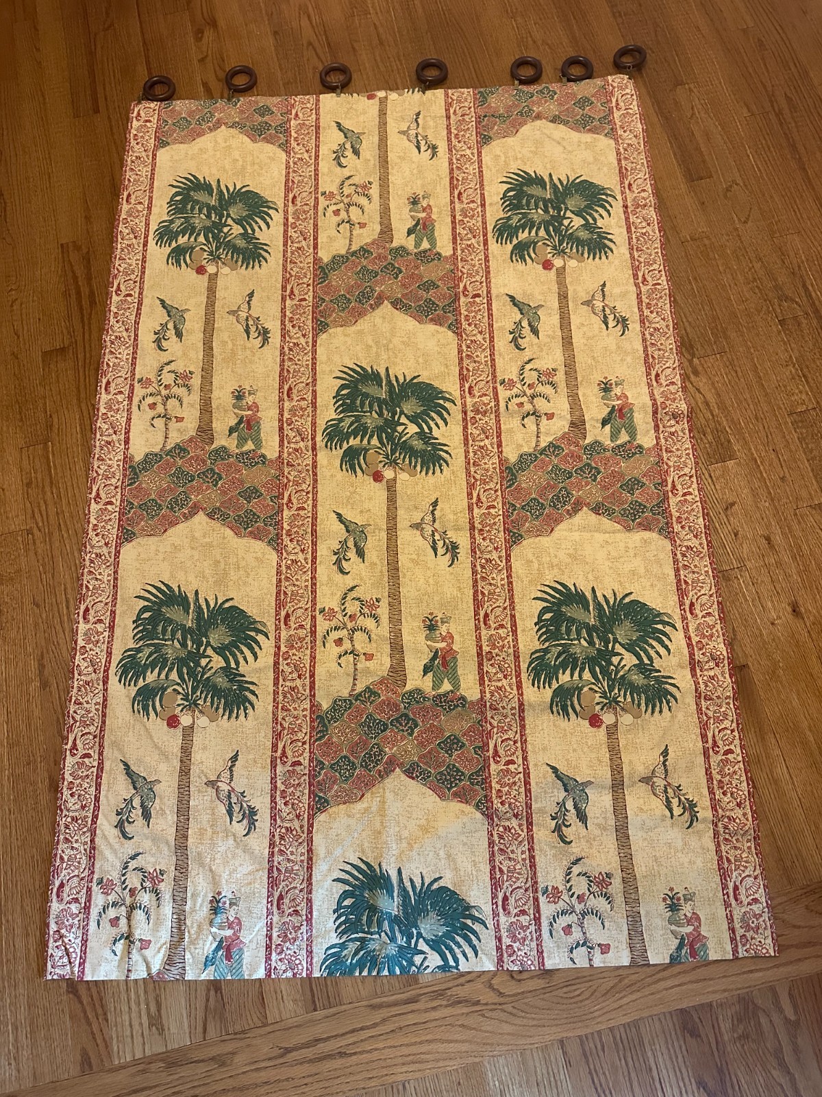 4 Panels (67″ long x 43″ wide) COMPLETE WITH rings, rods and fabric tie backs