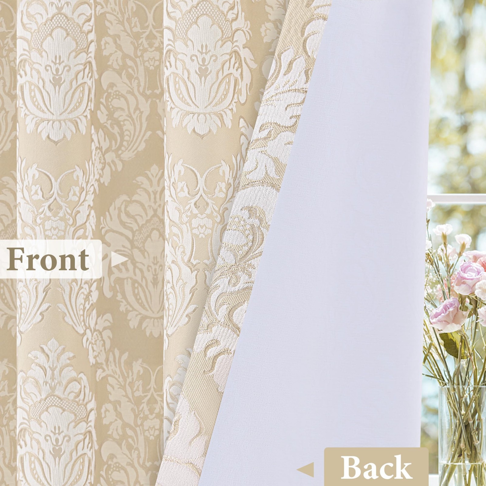 Jacquard Damask Window Curtain Panels for Bedroom Living Room, Beige White Tr…