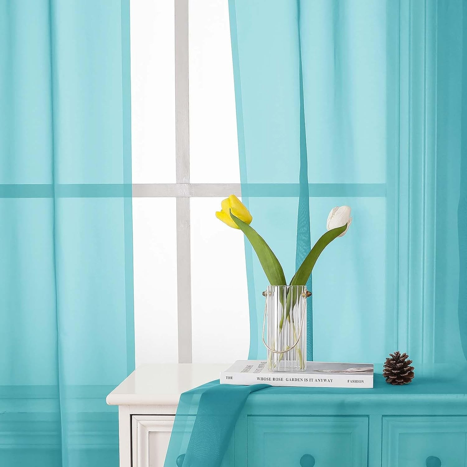 Aqua Sheer Curtains for Bedroom 54 Inch Length 2 Pcs, Rod Pockets Solid Color Wi