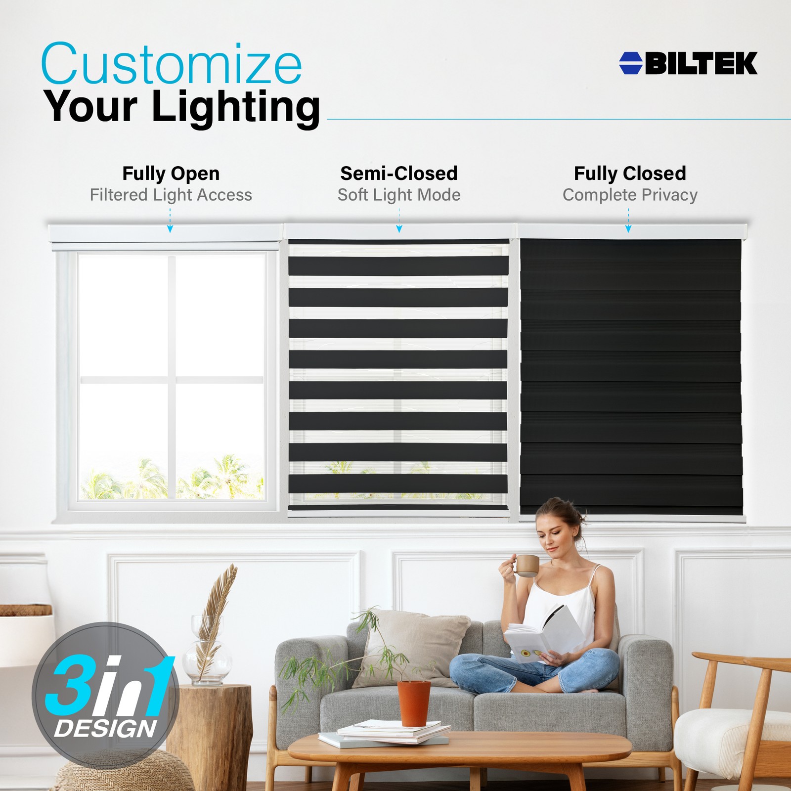 Cordless Zebra Roller Blinds Sheer Shades, Sheer or Privacy – Black, 40″W X 72″H