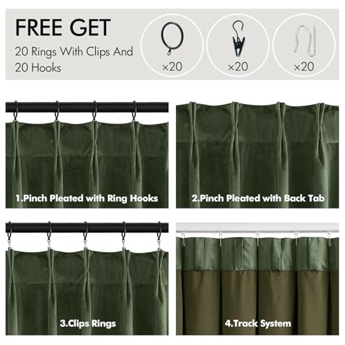 Velvet Curtains 96 inches Long, Pinch 40″W x 96″L (Pack of 2) Olive Green