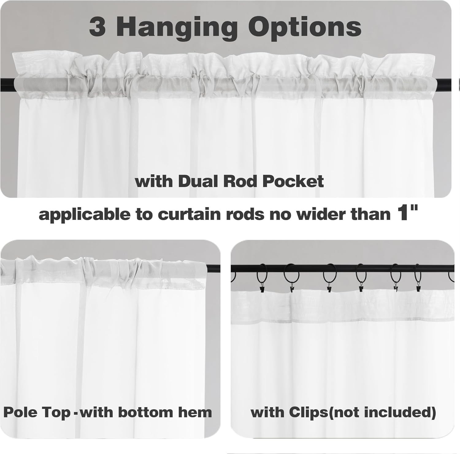 Sheer Tier Curtains 24 Inch Length Set, Small 42″W x 24″L (Pack of 2) White