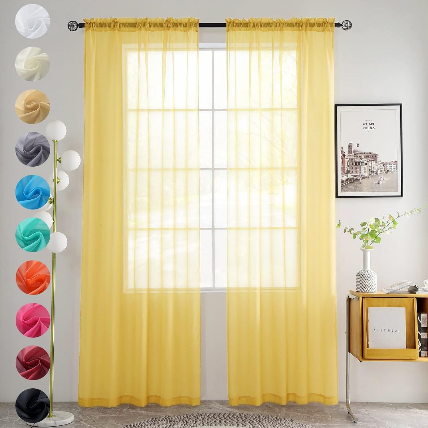 Solid Sheer Rod Pocket Curtain Voile Draperies 2 Panels White Beige Black Gre…