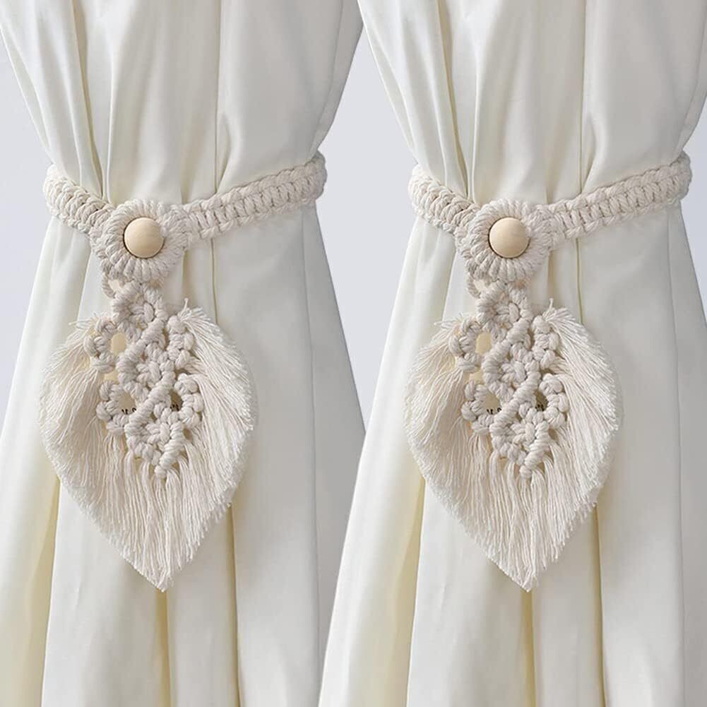 2Pcs Macrame Hand Woven Leaf Tassel Curtain Tie Backs Rope Holdbacks Boho Decor