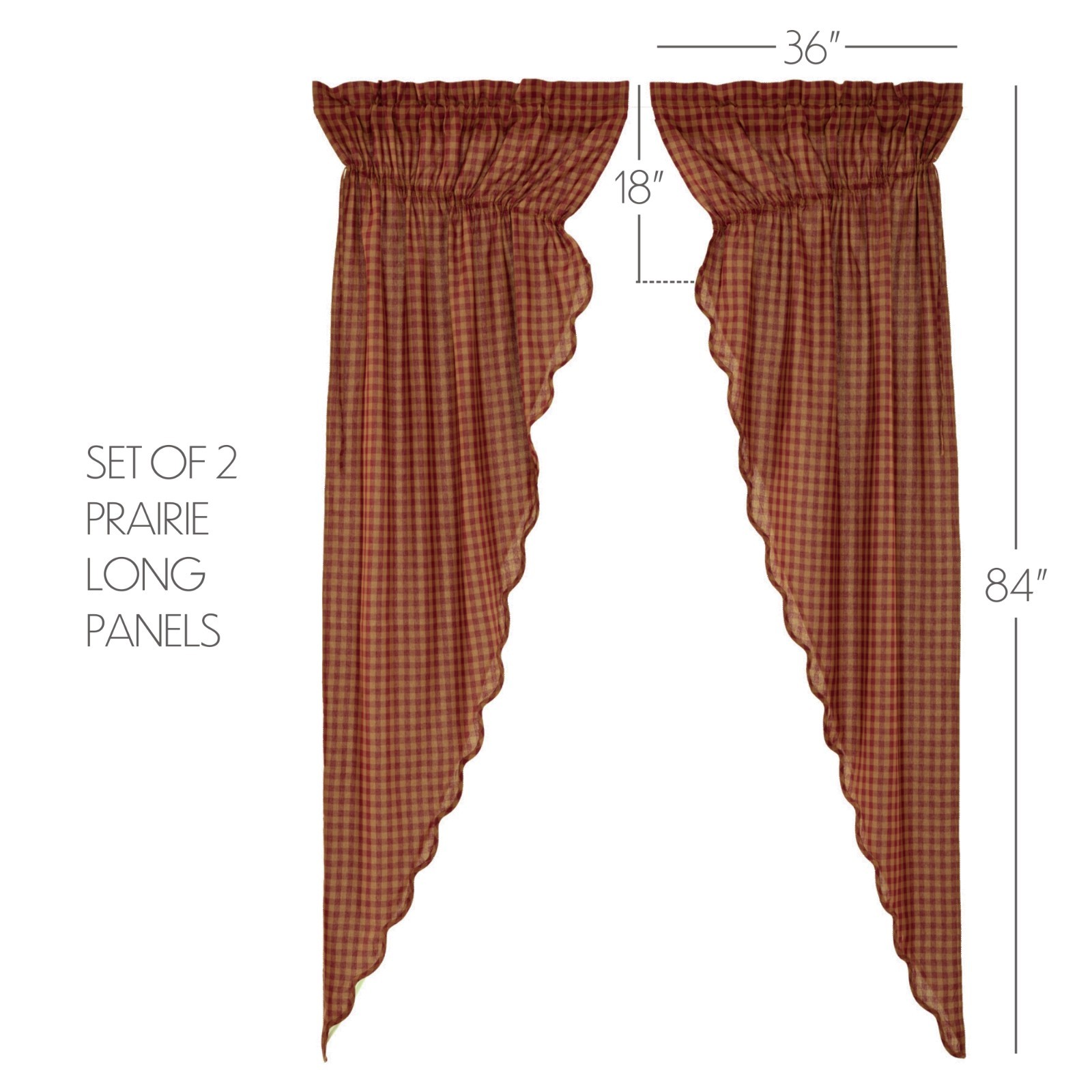 Burgundy Tan Check Scalloped Lined Country Gathered Long Prairie Curtains