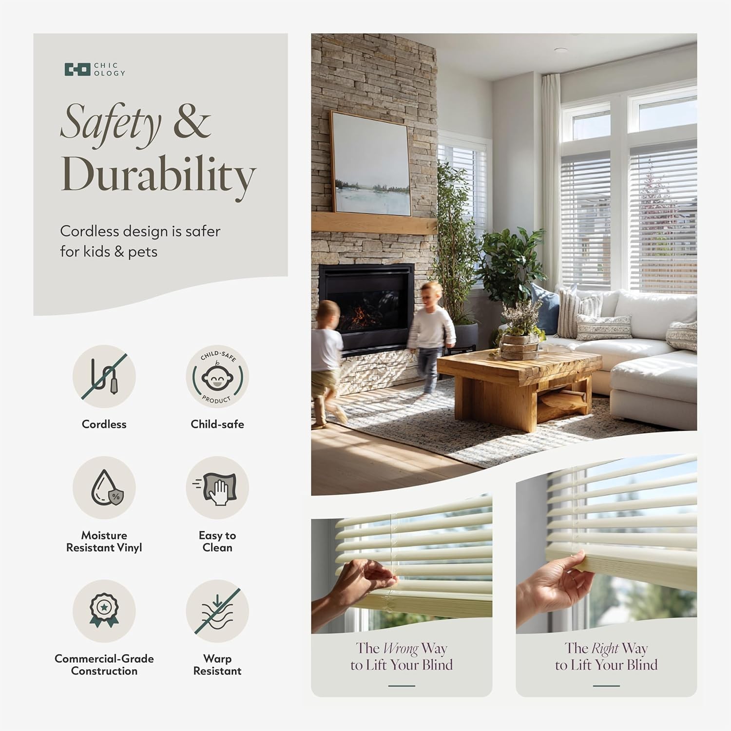 Cordless Mini Blinds, Light Filtering & Durable Vinyl, 29″W x 48″H, Easy Mount