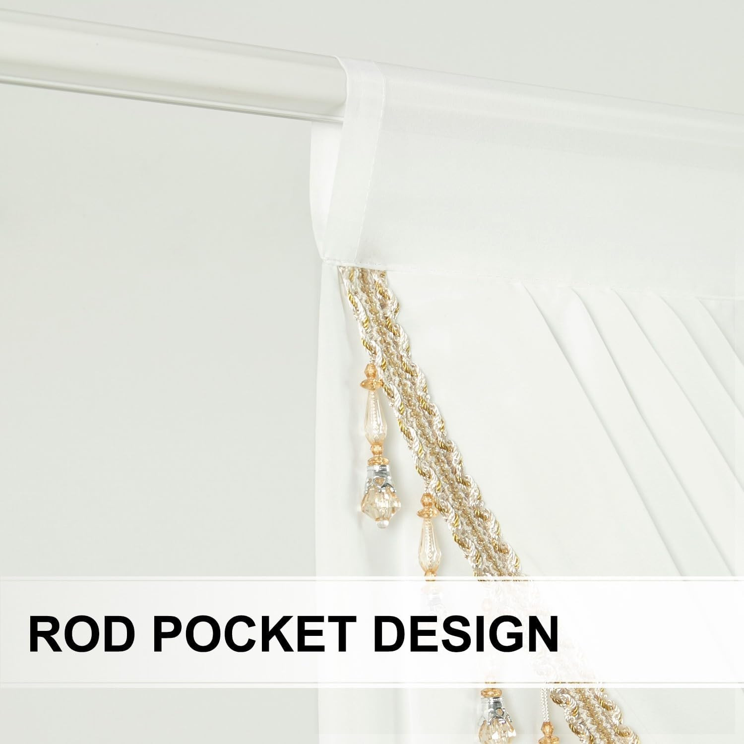 Charming White Sheer Waterfall Valance Curtains with Beaded Tassels, 59″ Wide