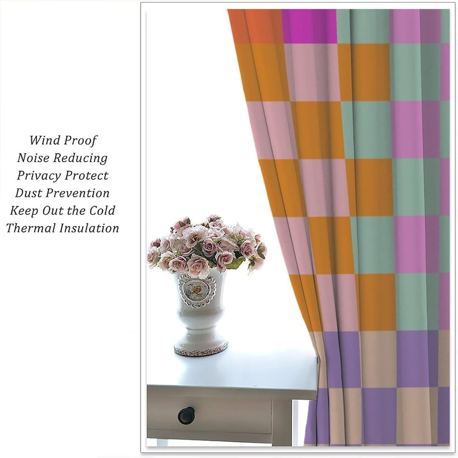 Retro Checkered Window Curtain, Colorful Geometric Modern Rainbow Groovy Simple