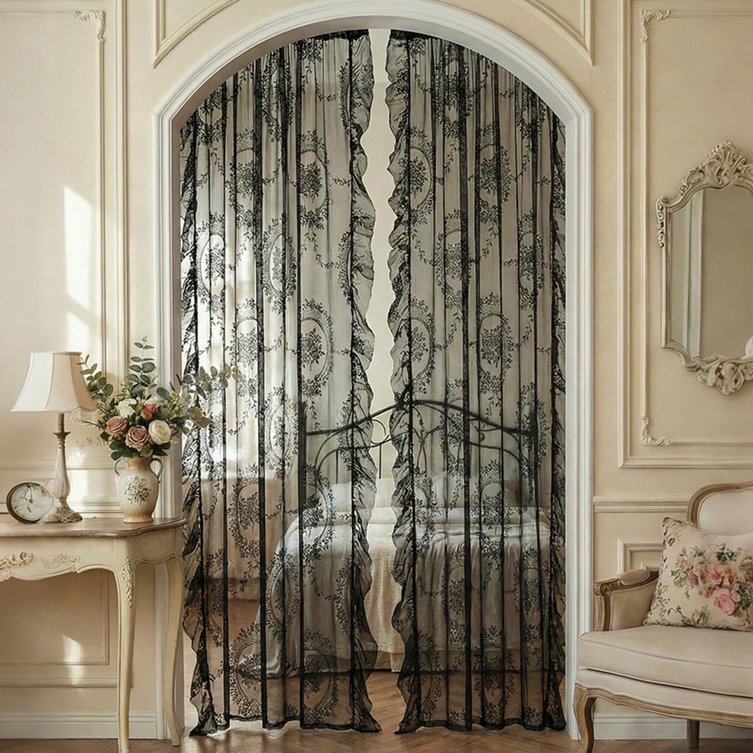 Black Lace Curtains for Living Room, 63 Inches Long, 2 Panels Set, Boho Sheer…